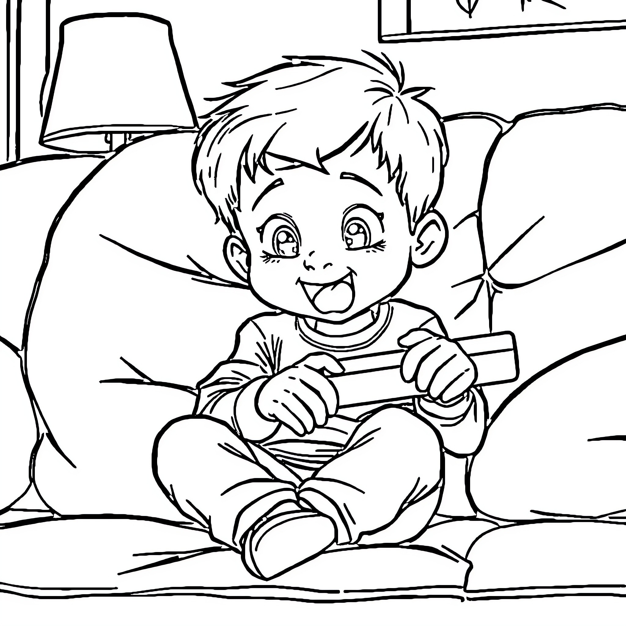 Kid happily playing video game on couch Coloring Page (free black-and-white line drawing printable PDF for all, from beginners to advanced learners, including children, teens, adults, and seniors)