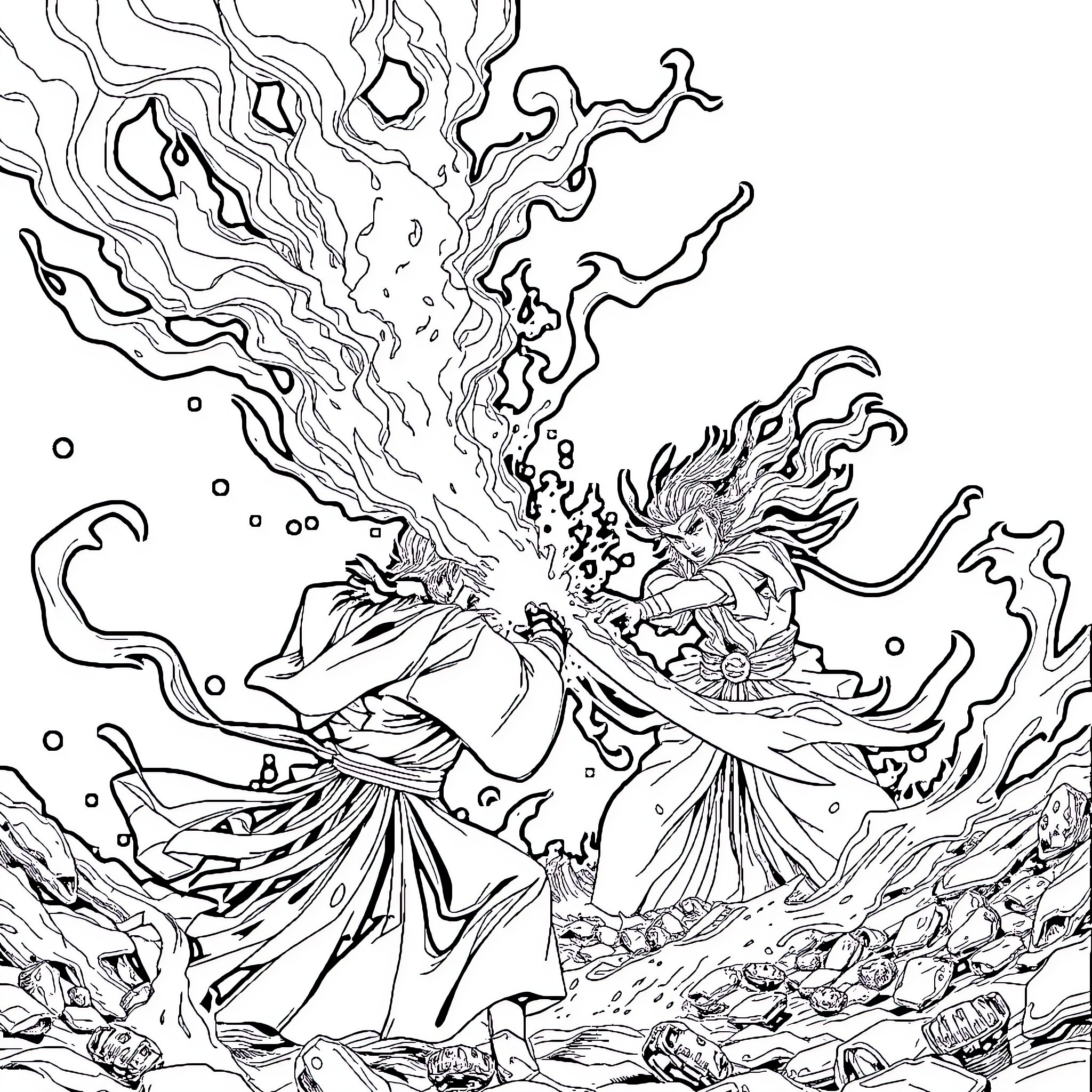Tanjiro unleashing fiery spirit in epic battle Coloring Page (free black-and-white line drawing printable PDF for all, from beginners to advanced learners, including children, teens, adults, and seniors)