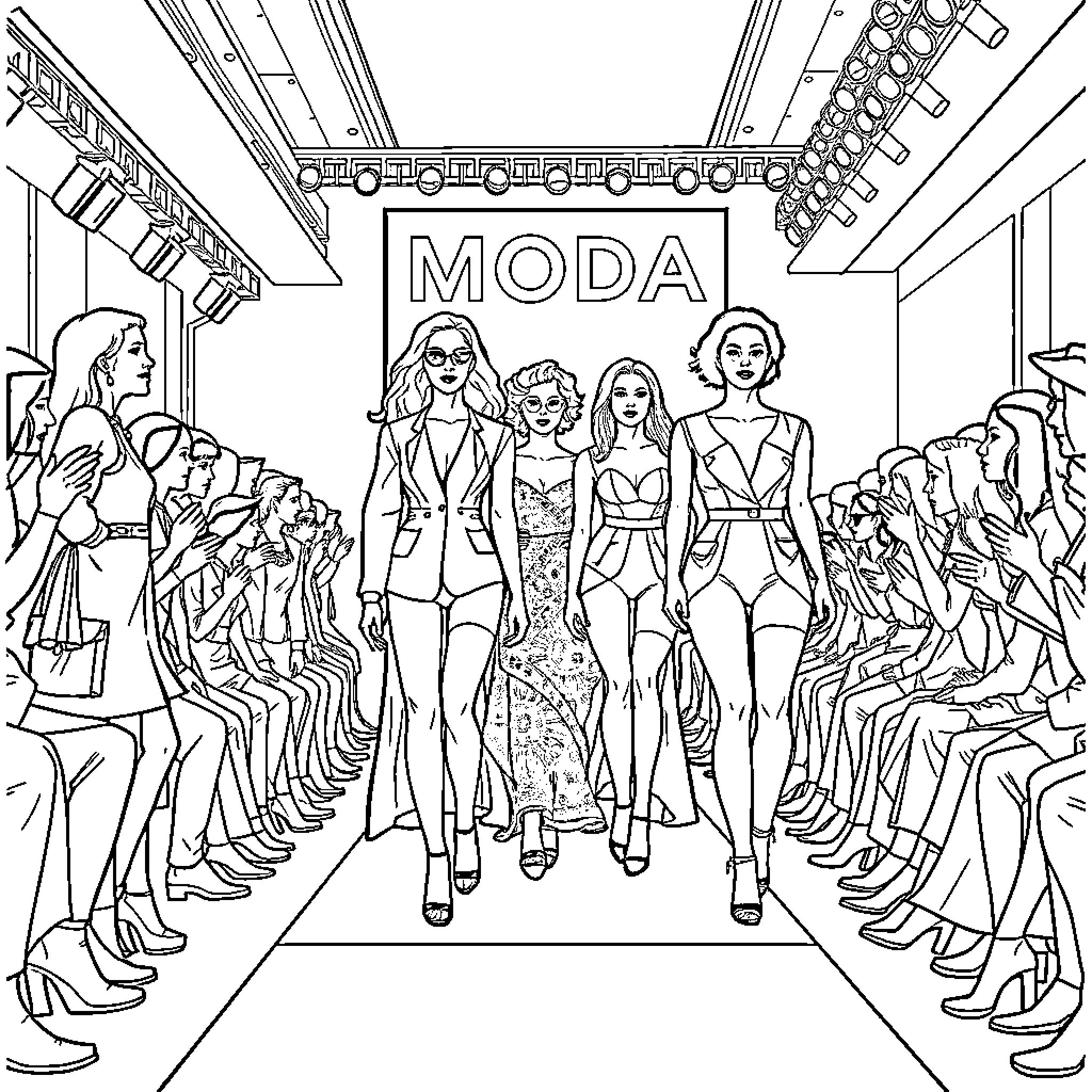 Fashion models showcasing stylish outfits on runway Coloring Page (free black-and-white line drawing printable PDF for all, from beginners to advanced learners, including children, teens, adults, and seniors)