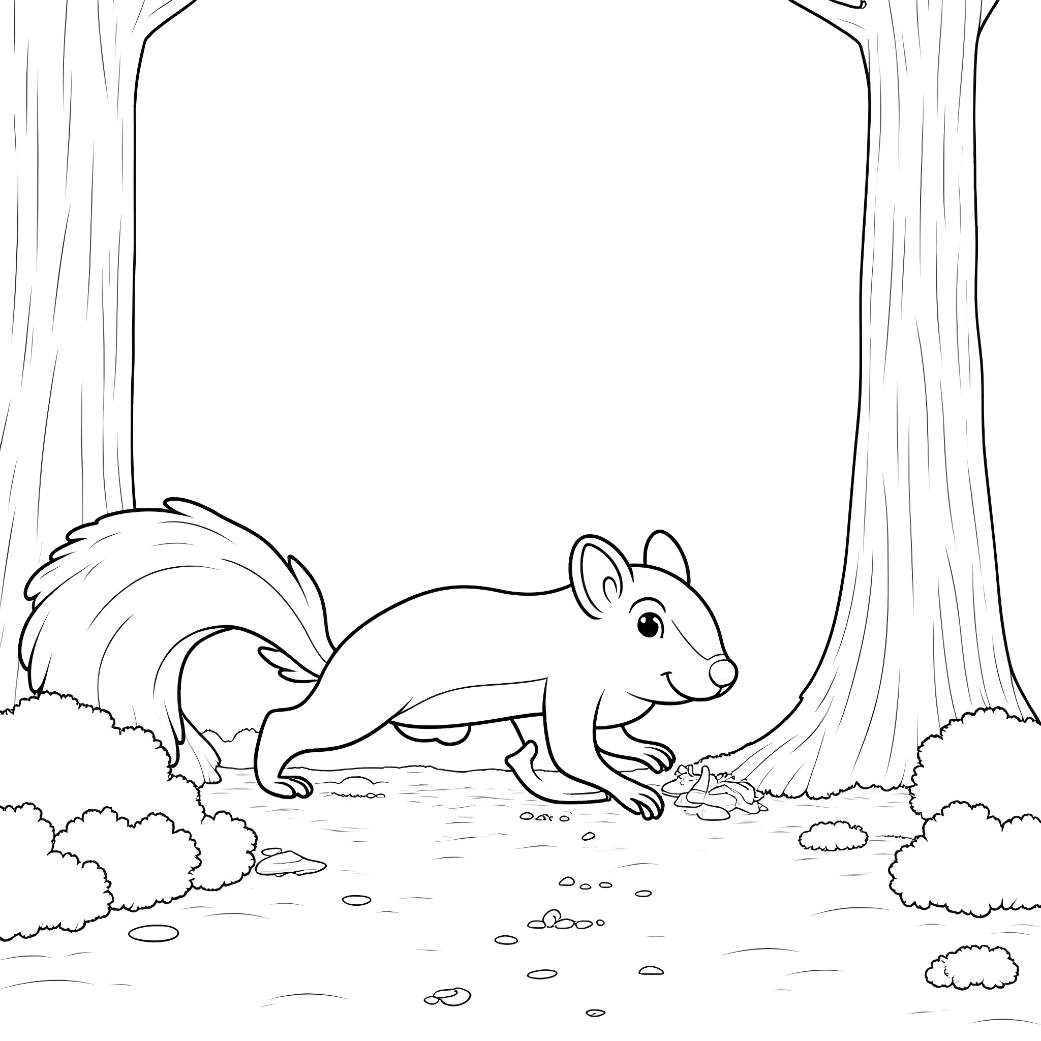Squirrel exploring the forest Coloring Page (free black-and-white line drawing printable PDF for all, from beginners to advanced learners, including children, teens, adults, and seniors)