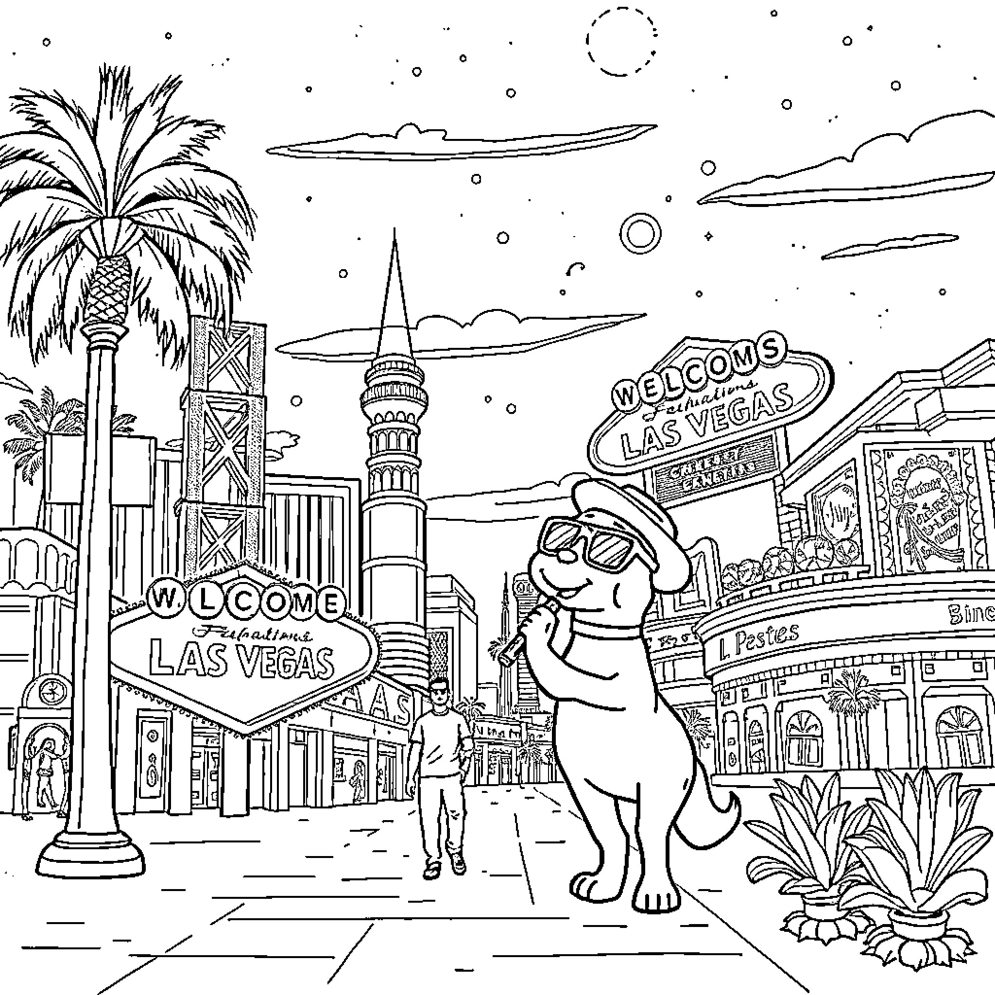 Bluey explores the bright lights of Las Vegas Coloring Page (free black-and-white line drawing printable PDF for all, from beginners to advanced learners, including children, teens, adults, and seniors)