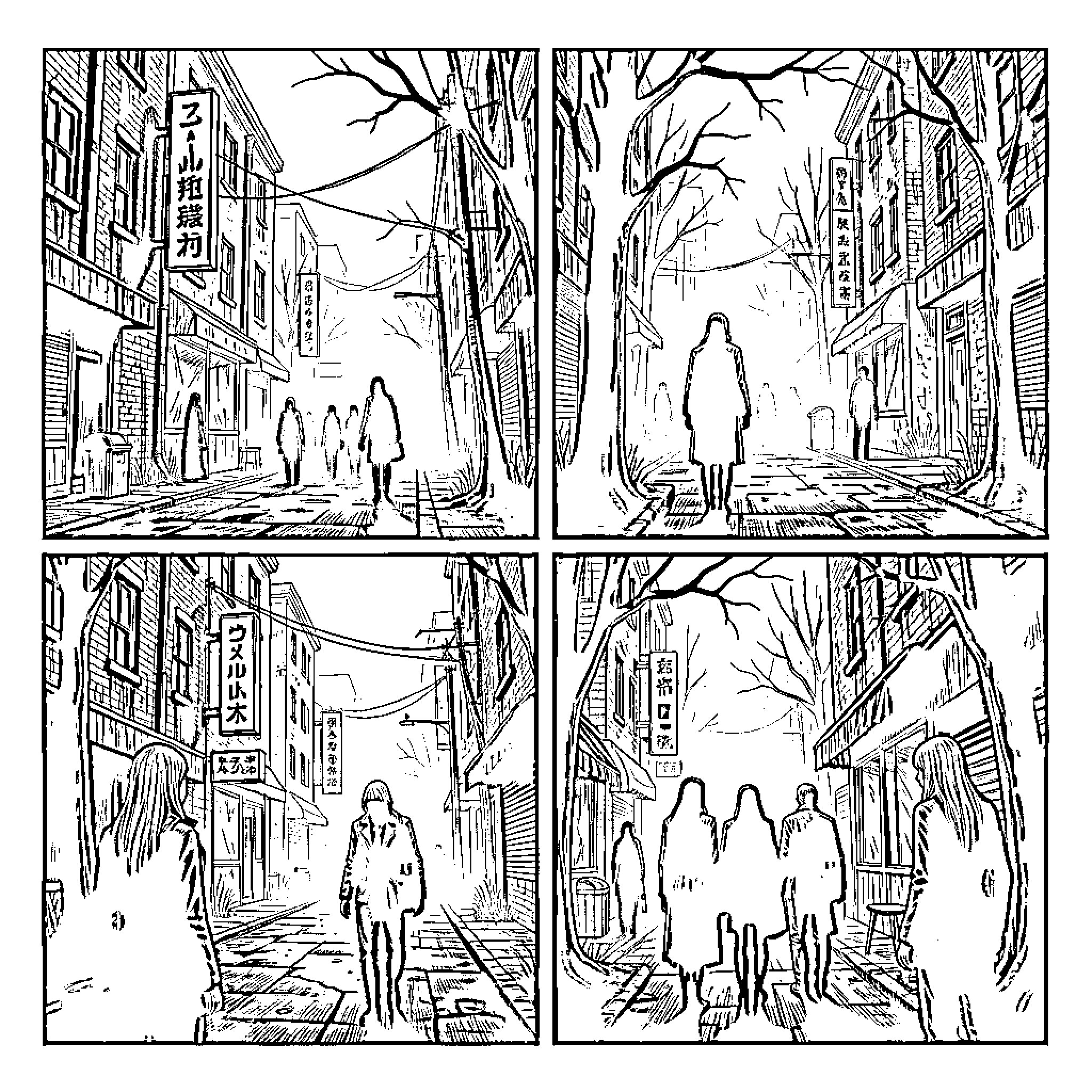 Silent Hill - Eerie urban scenes with ominous silhouettes Coloring Page (free black-and-white line drawing printable PDF for all, from beginners to advanced learners, including children, teens, adults, and seniors)