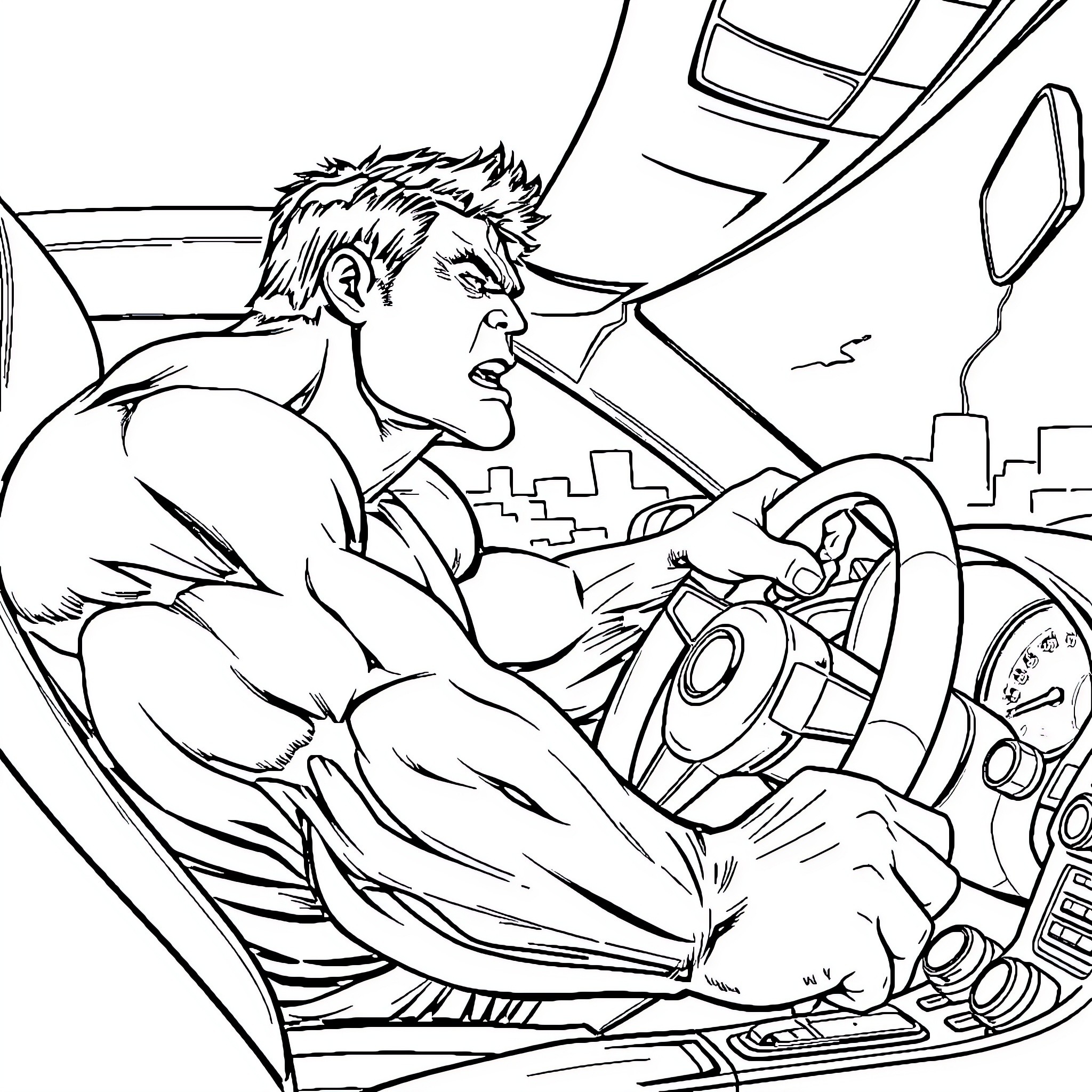 Hulk driving furiously through the city Coloring Page (free black-and-white line drawing printable PDF for all, from beginners to advanced learners, including children, teens, adults, and seniors)
