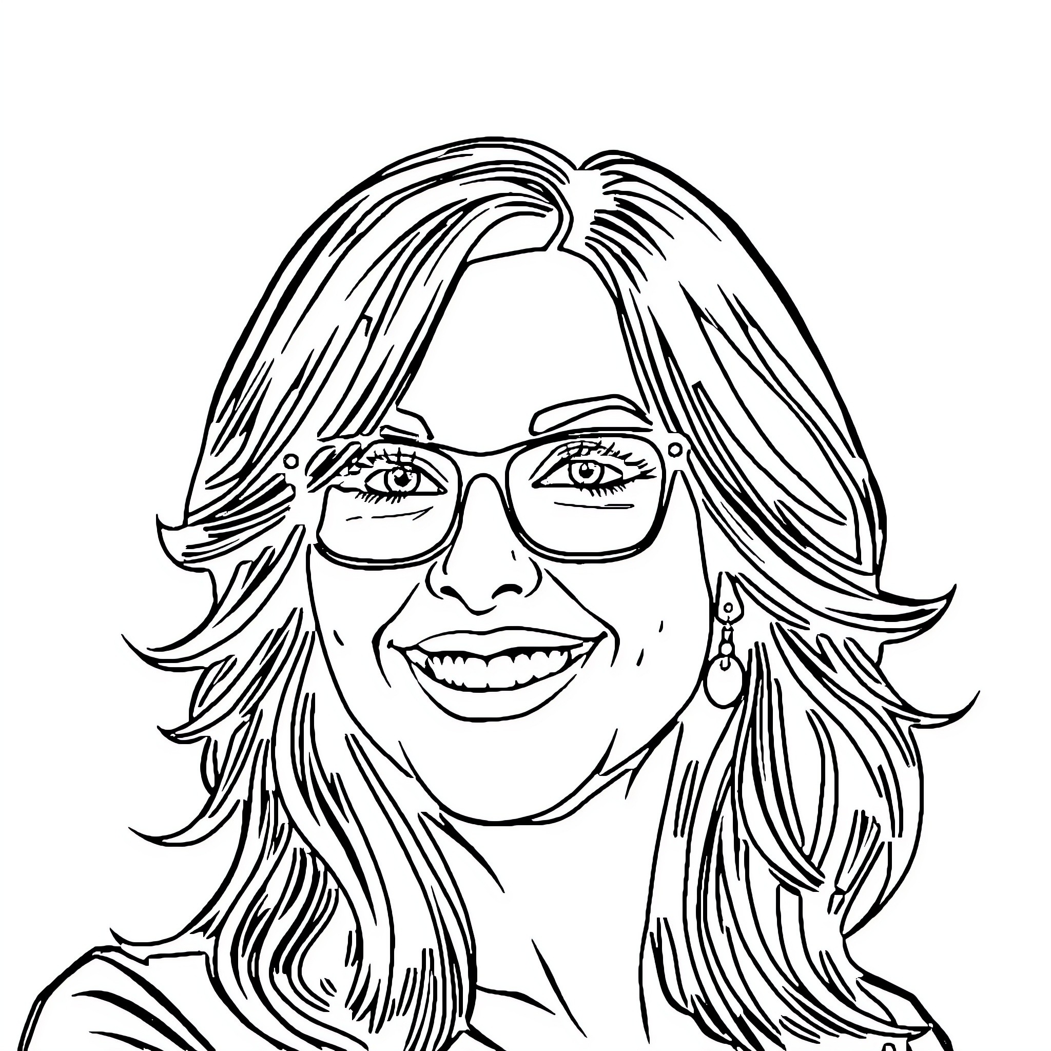 Rebecka Armstrong: Smiling Woman with Glasses and Wavy Hair Coloring Page (free black-and-white line drawing printable PDF for all, from beginners to advanced learners, including children, teens, adults, and seniors)