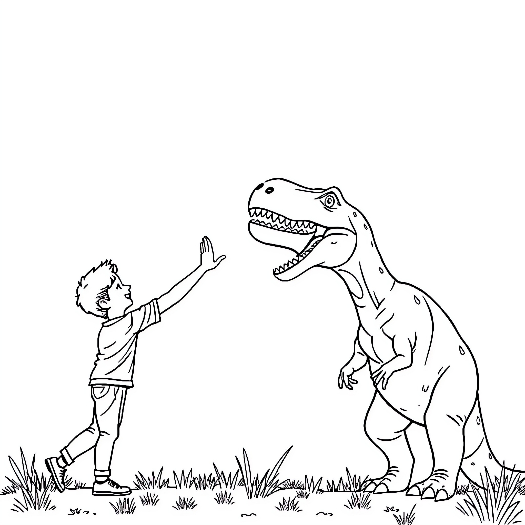 Hand-drawn child facing fierce dinosaur Coloring Page (free black-and-white line drawing printable PDF for all, from beginners to advanced learners, including children, teens, adults, and seniors)