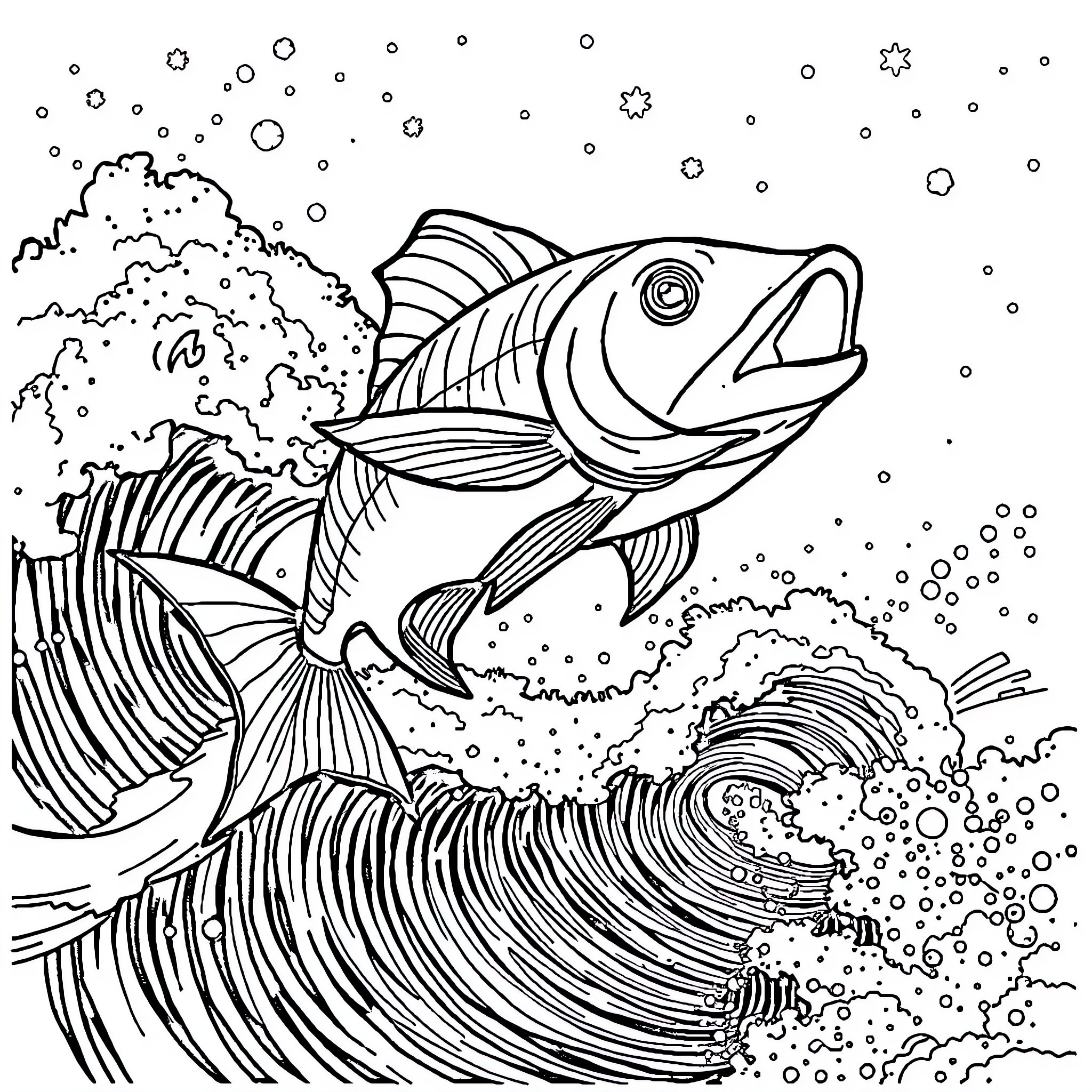 Flying Fish Leaping Through Swirling Waves Coloring Page (free black-and-white line drawing printable PDF for all, from beginners to advanced learners, including children, teens, adults, and seniors)