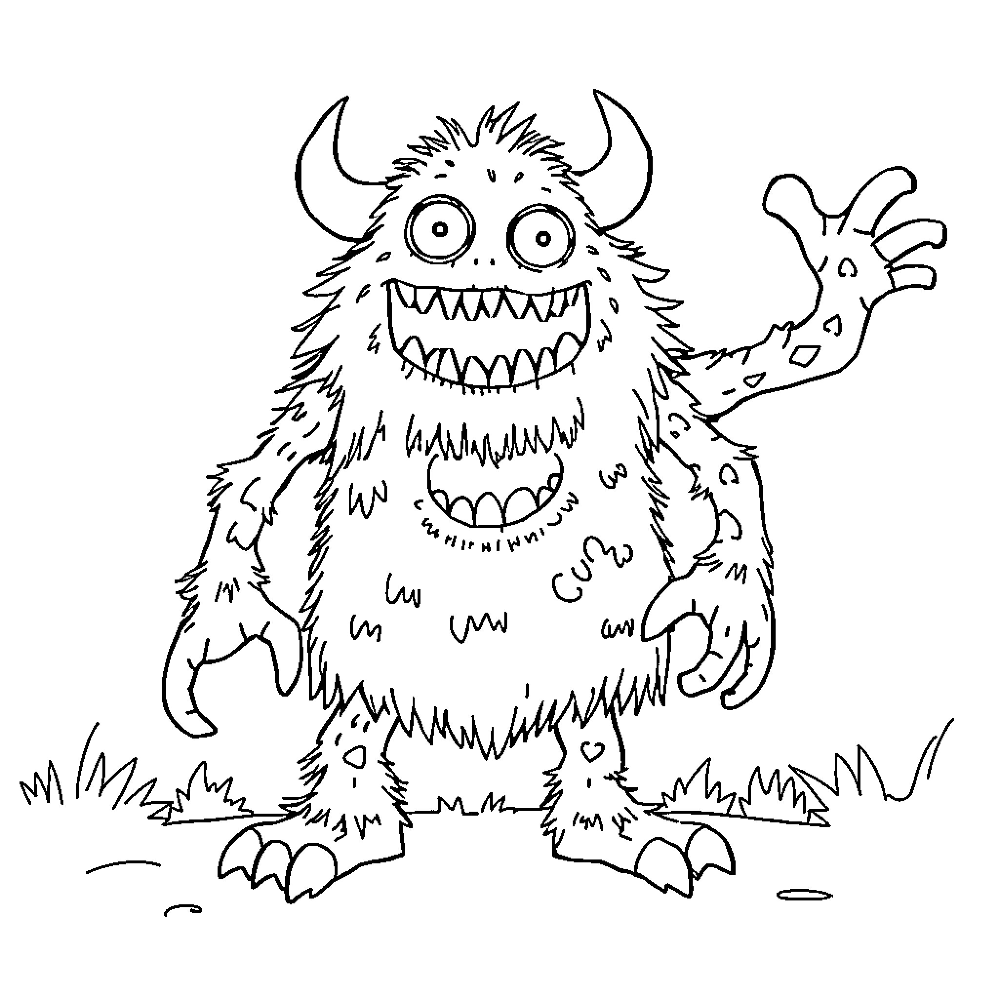 Monster Creature with Horns and Claws Waving Excitedly Coloring Page (free black-and-white line drawing printable PDF for all, from beginners to advanced learners, including children, teens, adults, and seniors)