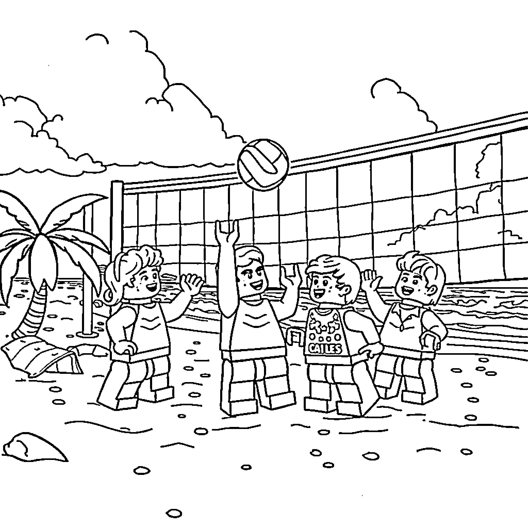 LEGO Figure Group Playing Volleyball on the Beach Coloring Page (free black-and-white line drawing printable PDF for all, from beginners to advanced learners, including children, teens, adults, and seniors)