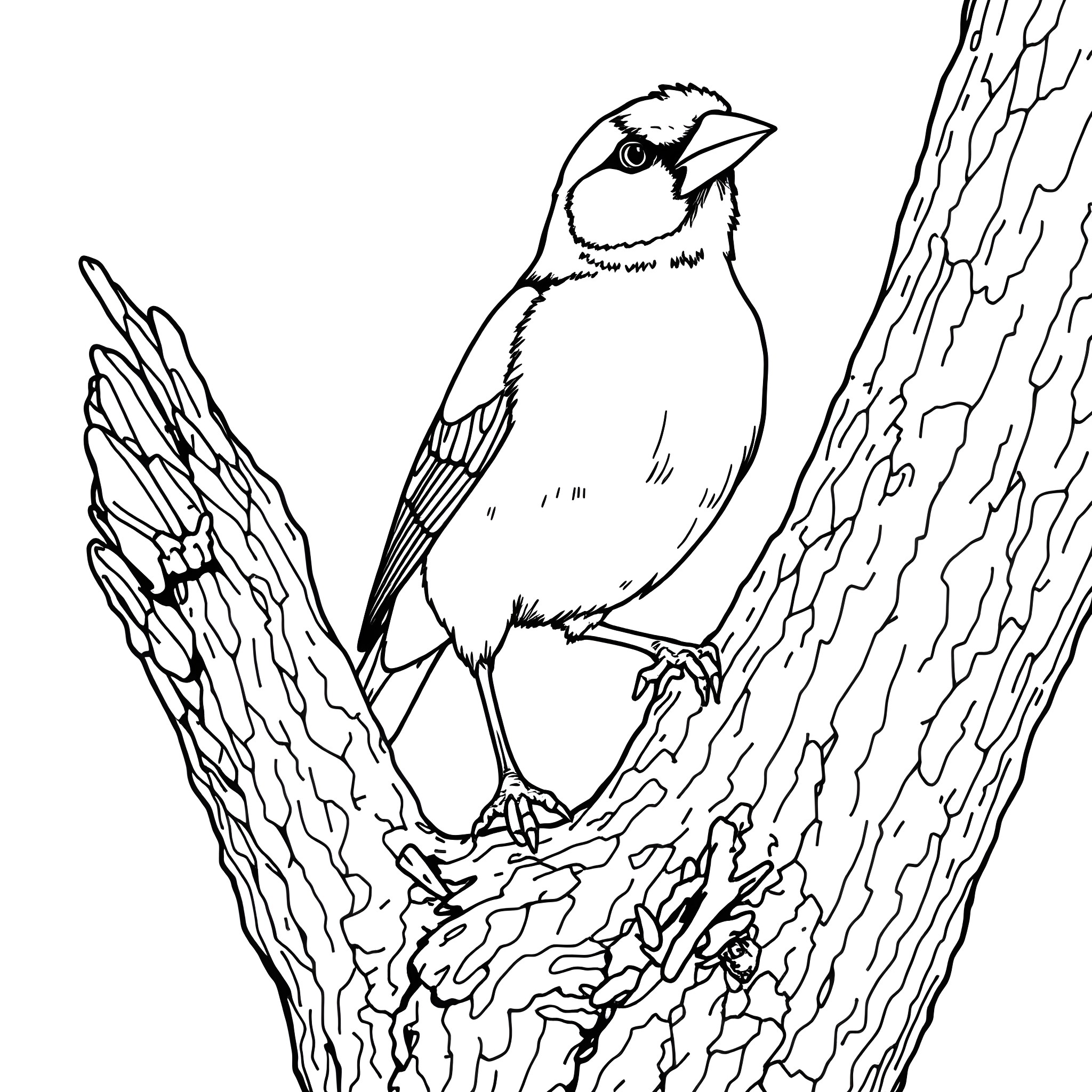 Gouldian Finch perched on a tree branch Coloring Page (free black-and-white line drawing printable PDF for all, from beginners to advanced learners, including children, teens, adults, and seniors)