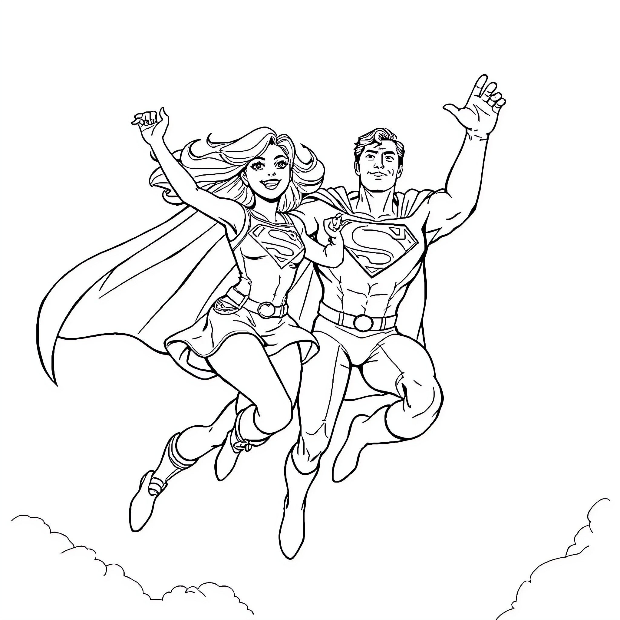 Supergirl and Superman in heroic action Coloring Page (free black-and-white line drawing printable PDF for all, from beginners to advanced learners, including children, teens, adults, and seniors)