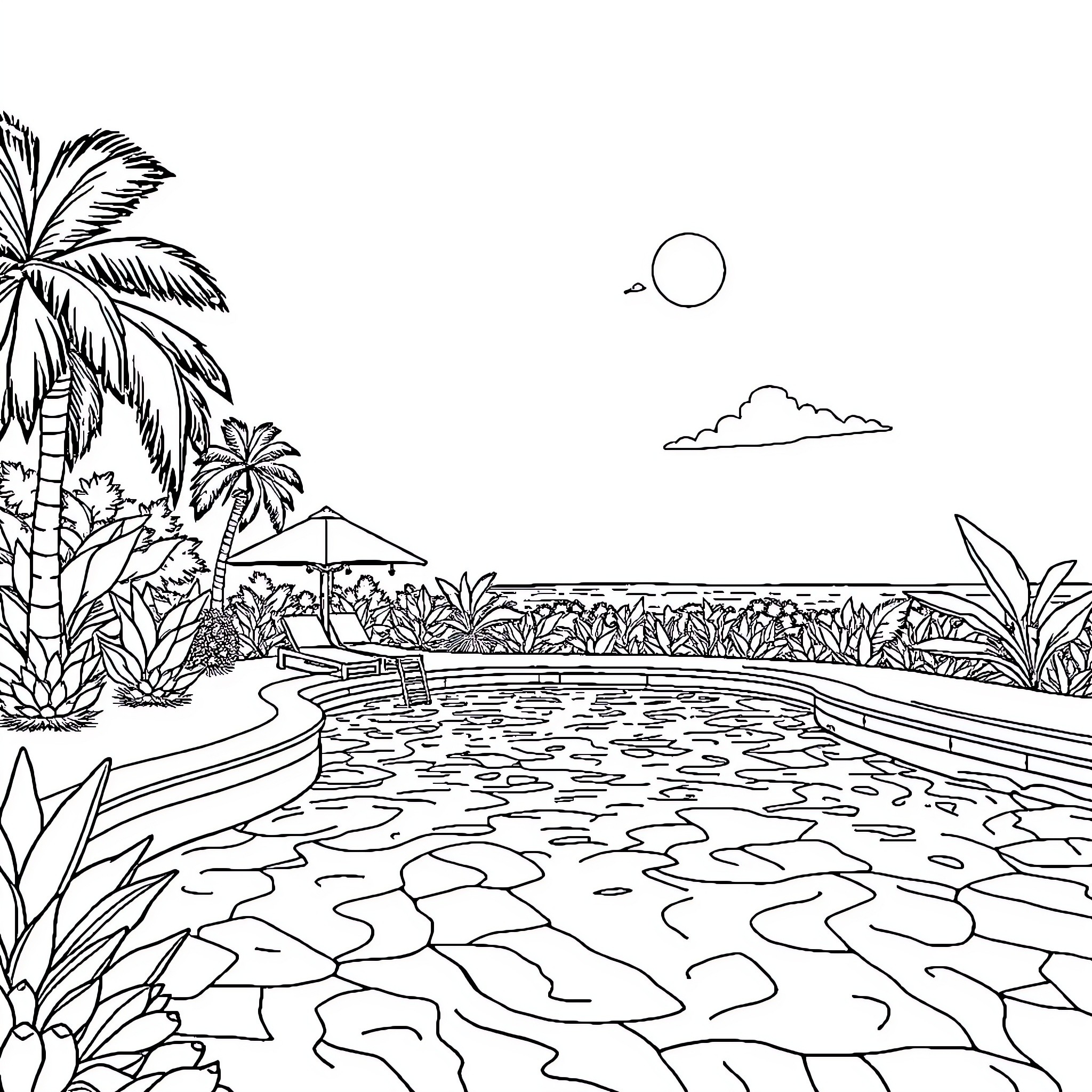 Pool scene with palm trees and tropical landscape Coloring Page (free black-and-white line drawing printable PDF for all, from beginners to advanced learners, including children, teens, adults, and seniors)
