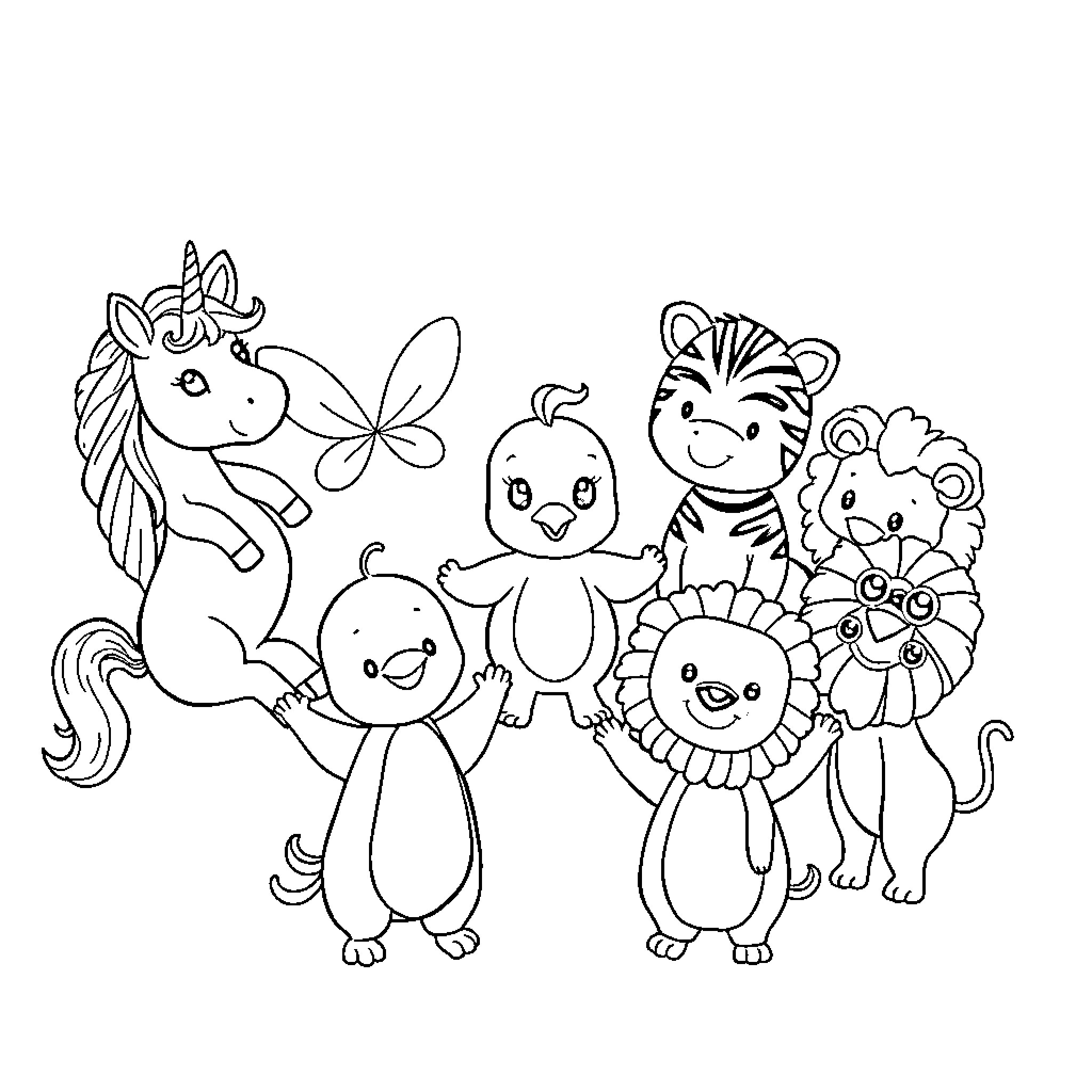 Baby Animals in a Playful Scene Coloring Page (free black-and-white line drawing printable PDF for all, from beginners to advanced learners, including children, teens, adults, and seniors)