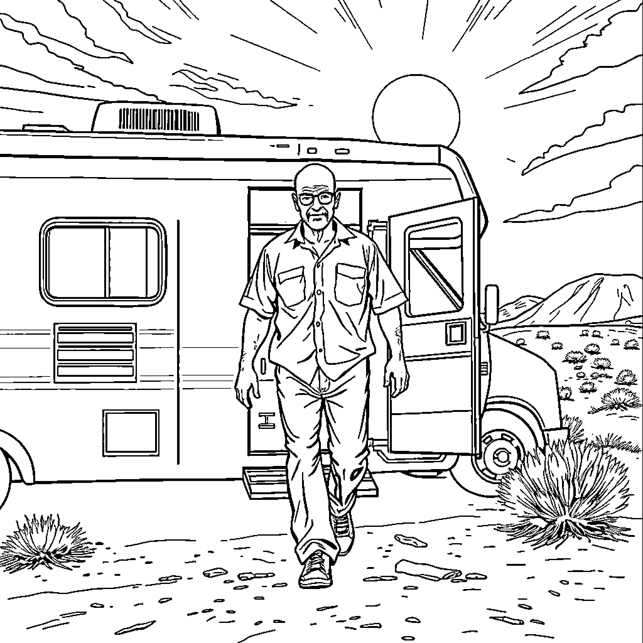 Heisenberg walking confidently near his RV in the desert Coloring Page (free black-and-white line drawing printable PDF for all, from beginners to advanced learners, including children, teens, adults, and seniors)