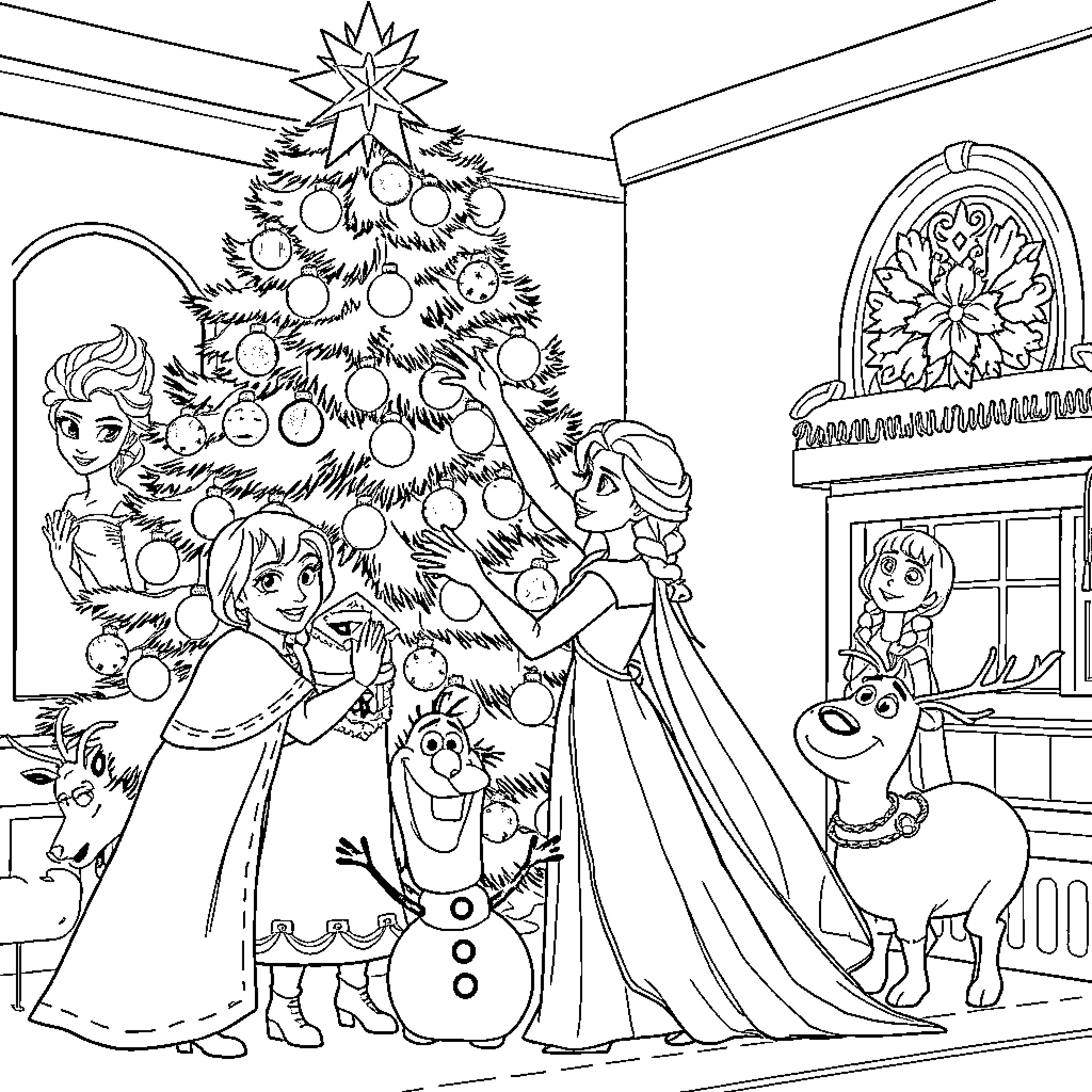 Elsa and Anna decorate the Christmas tree with Olaf Coloring Page (free black-and-white line drawing printable PDF for all, from beginners to advanced learners, including children, teens, adults, and seniors)
