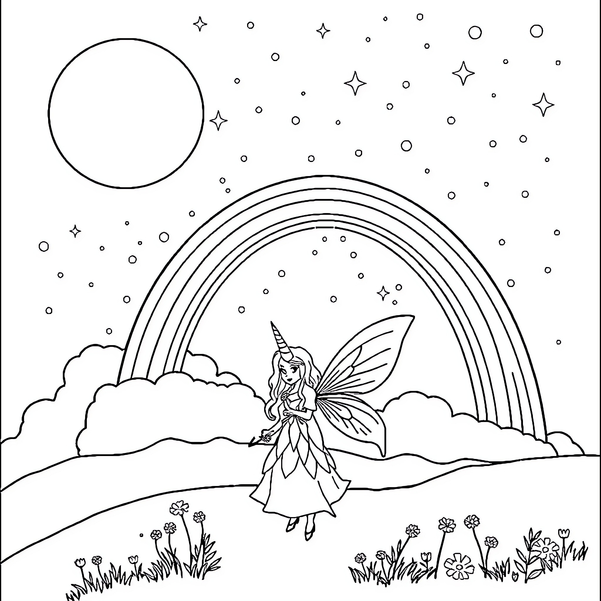Feerying Fairy Amongst Celestial Landscape Coloring Page (free black-and-white line drawing printable PDF for all, from beginners to advanced learners, including children, teens, adults, and seniors)