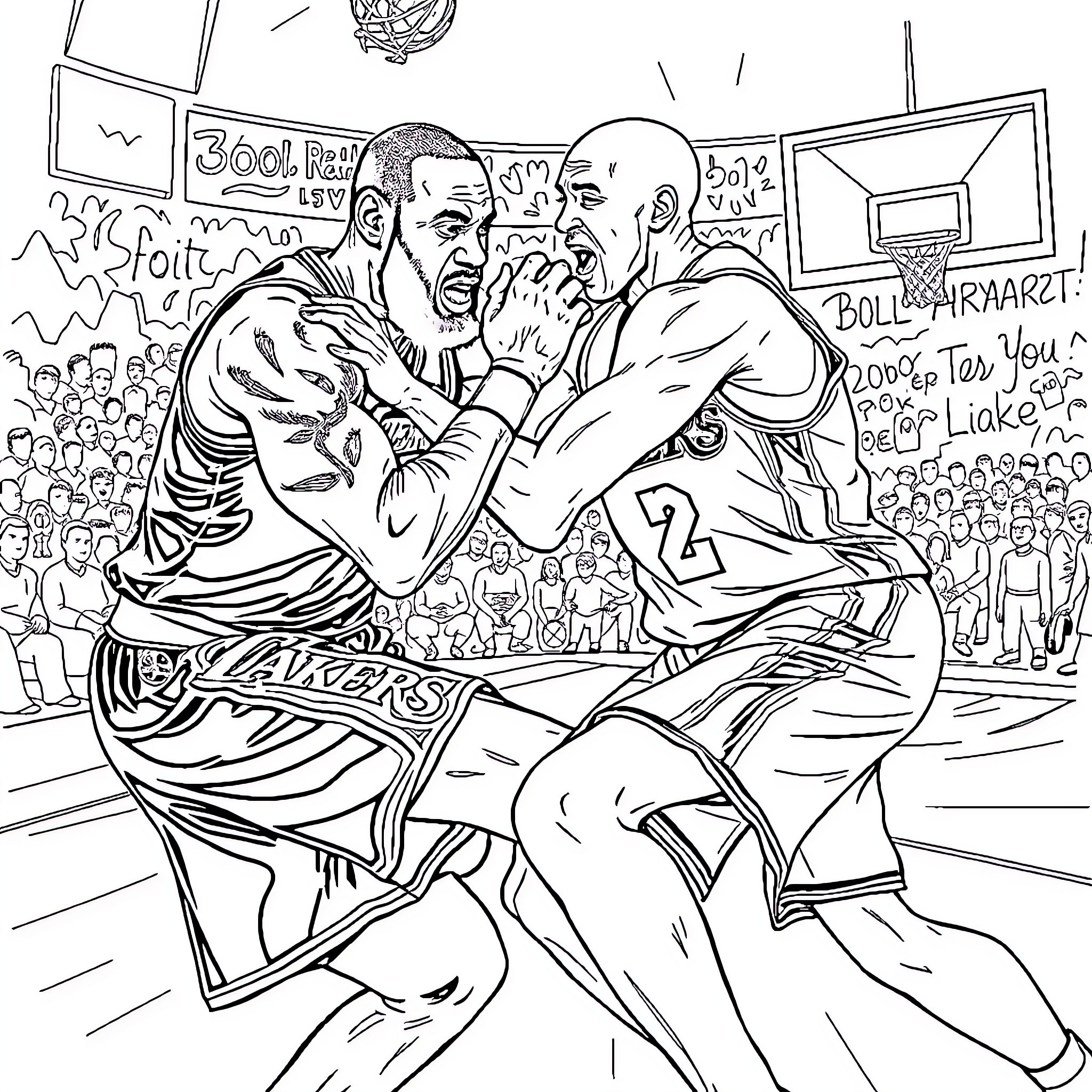 LeBron James Engaging in Intense Basketball Game Coloring Page (free black-and-white line drawing printable PDF for all, from beginners to advanced learners, including children, teens, adults, and seniors)