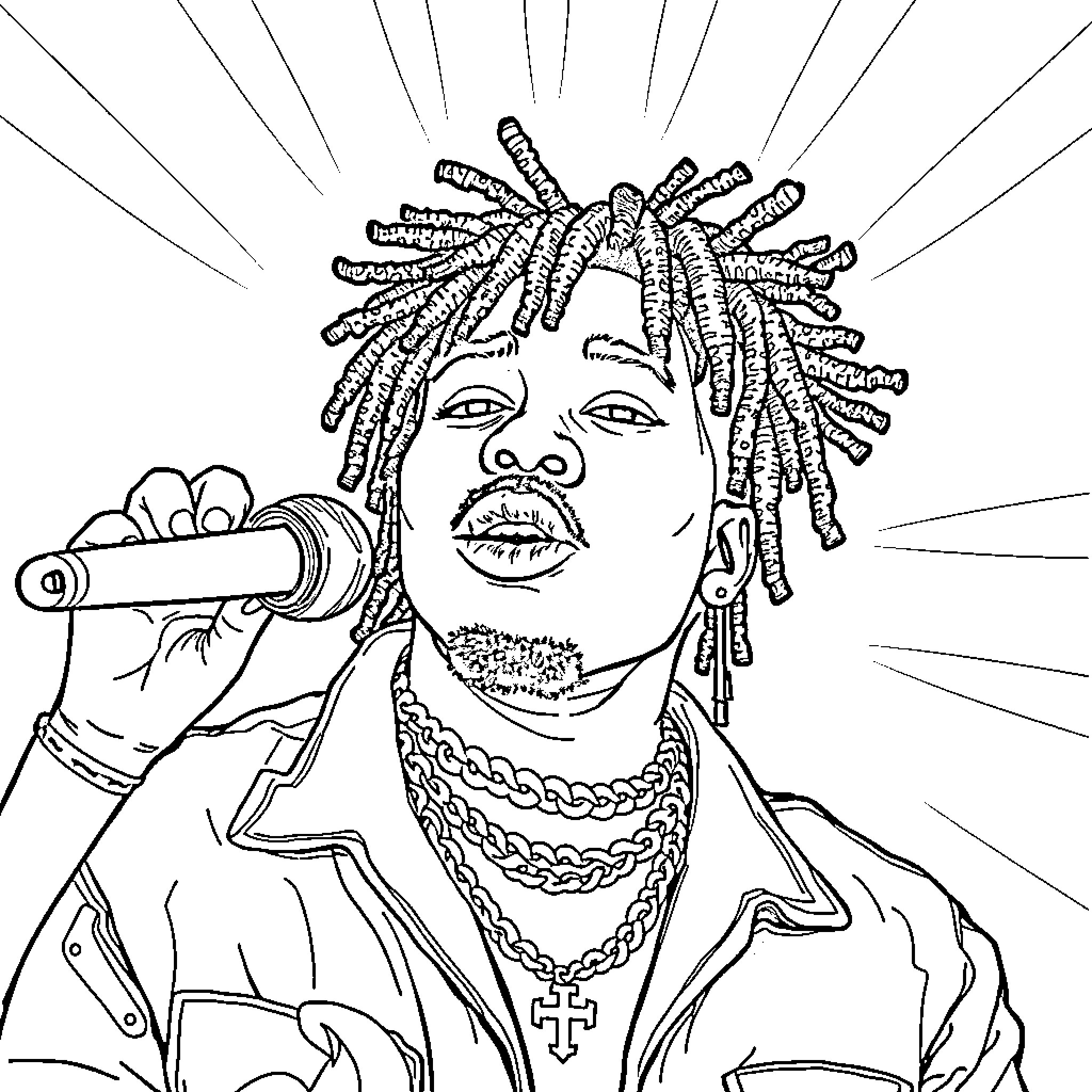 Trippie Redd performing on stage with microphone Coloring Page (free black-and-white line drawing printable PDF for all, from beginners to advanced learners, including children, teens, adults, and seniors)