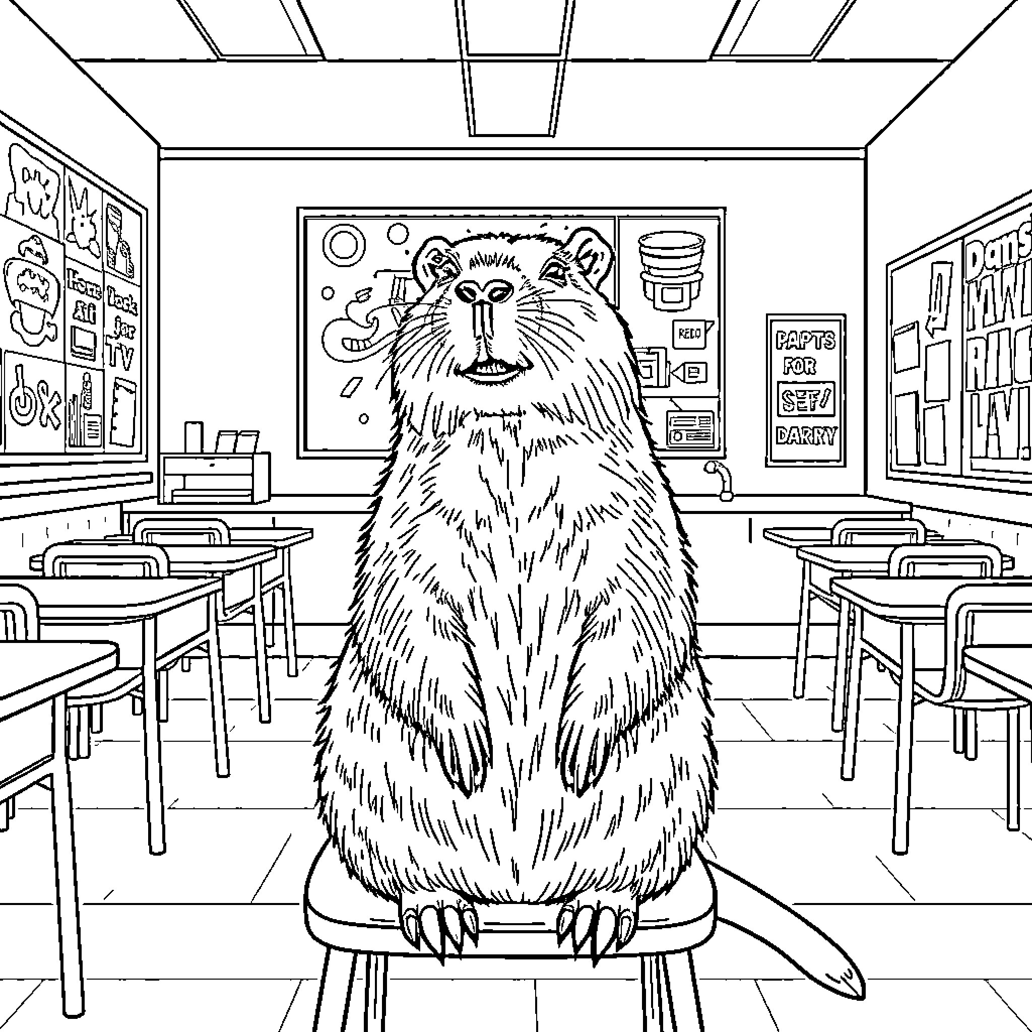 Capybara enjoying a classroom setting Coloring Page (free black-and-white line drawing printable PDF for all, from beginners to advanced learners, including children, teens, adults, and seniors)
