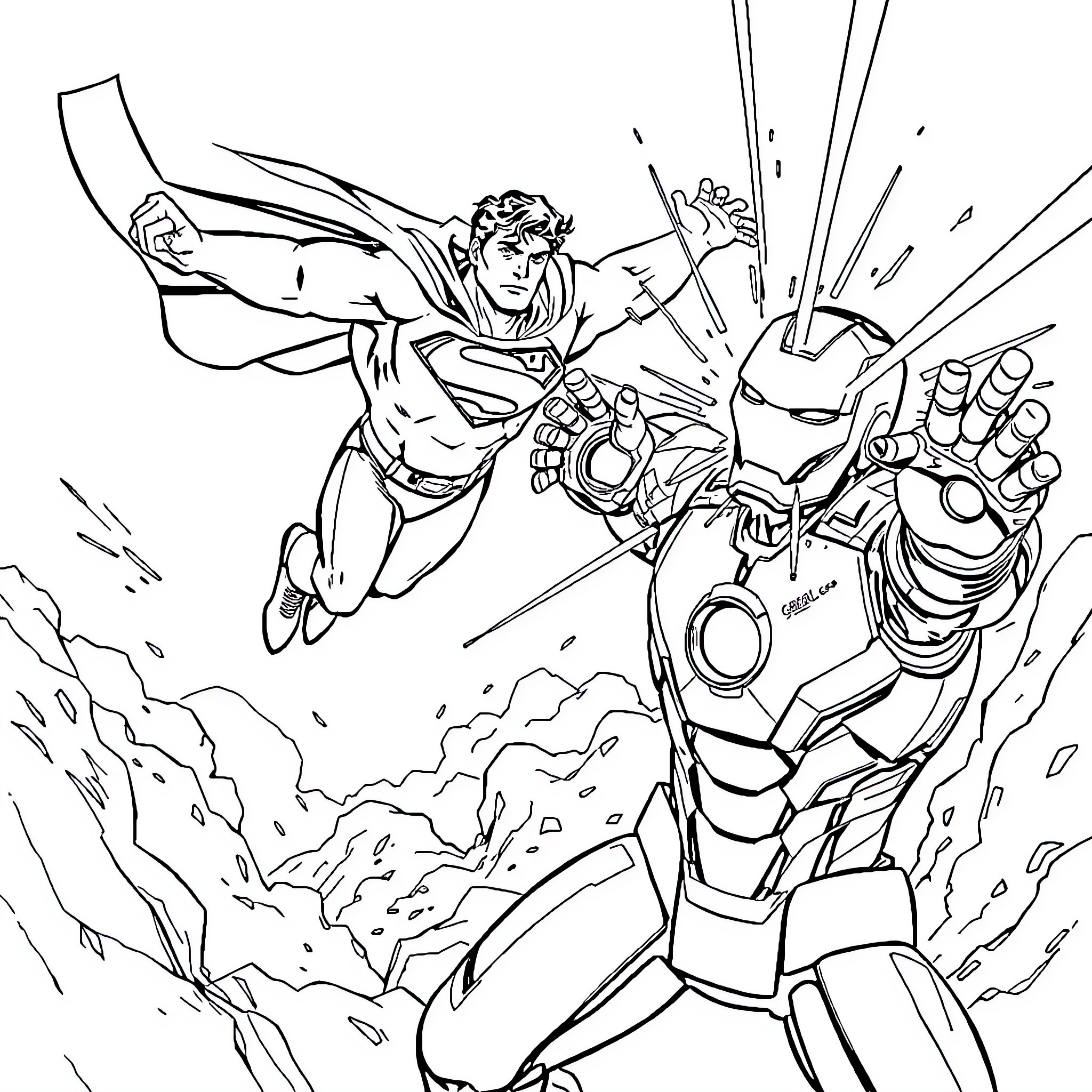 Superman battling a powerful robot in an intense confrontation Coloring Page (free black-and-white line drawing printable PDF for all, from beginners to advanced learners, including children, teens, adults, and seniors)