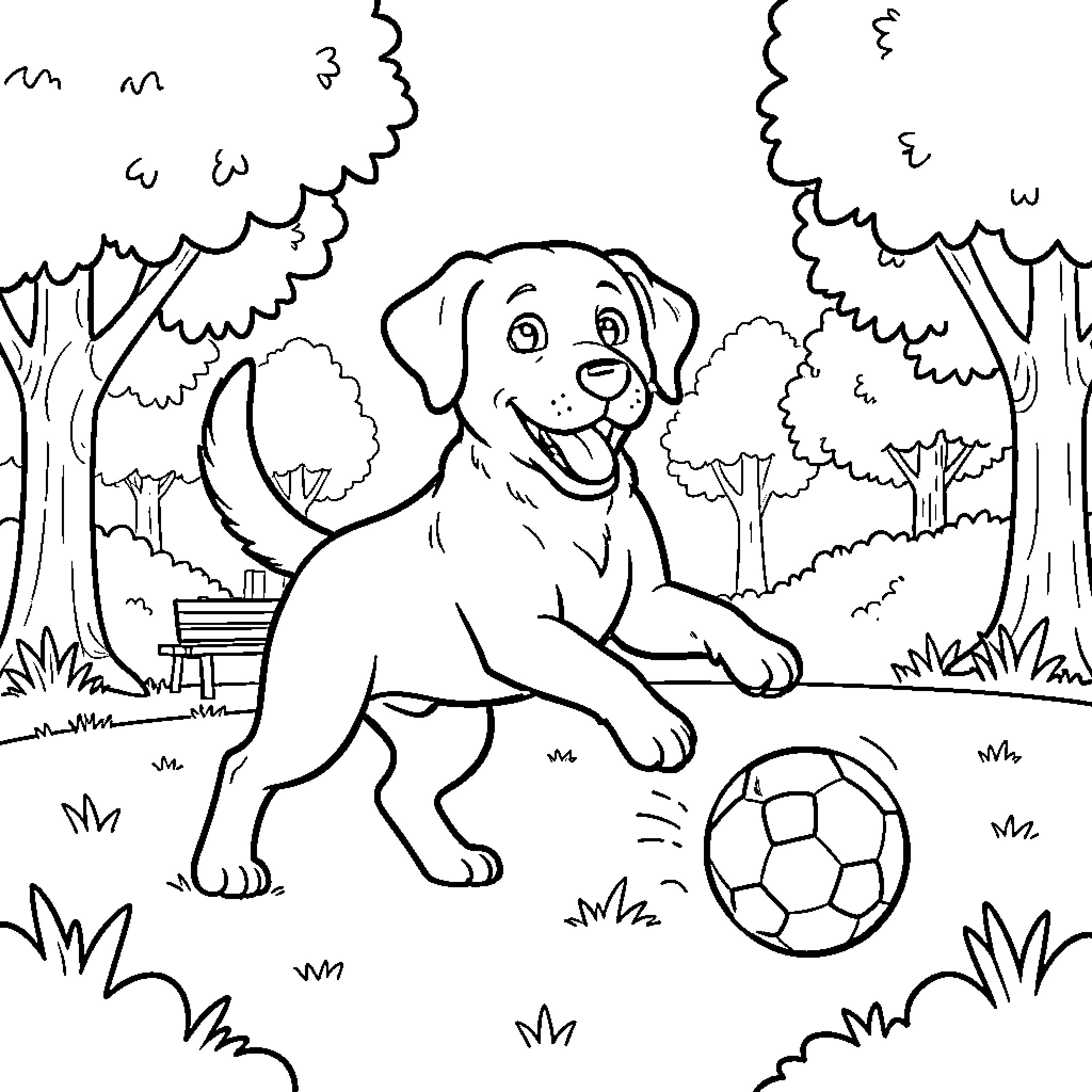 Labrador puppy playing with a soccer ball outdoors Coloring Page (free black-and-white line drawing printable PDF for all, from beginners to advanced learners, including children, teens, adults, and seniors)