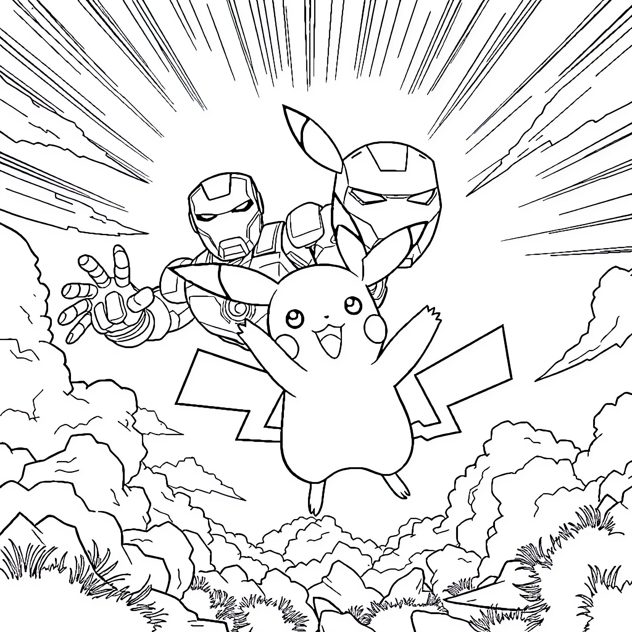 Pokémon characters in an epic battle scene Coloring Page (free black-and-white line drawing printable PDF for all, from beginners to advanced learners, including children, teens, adults, and seniors)