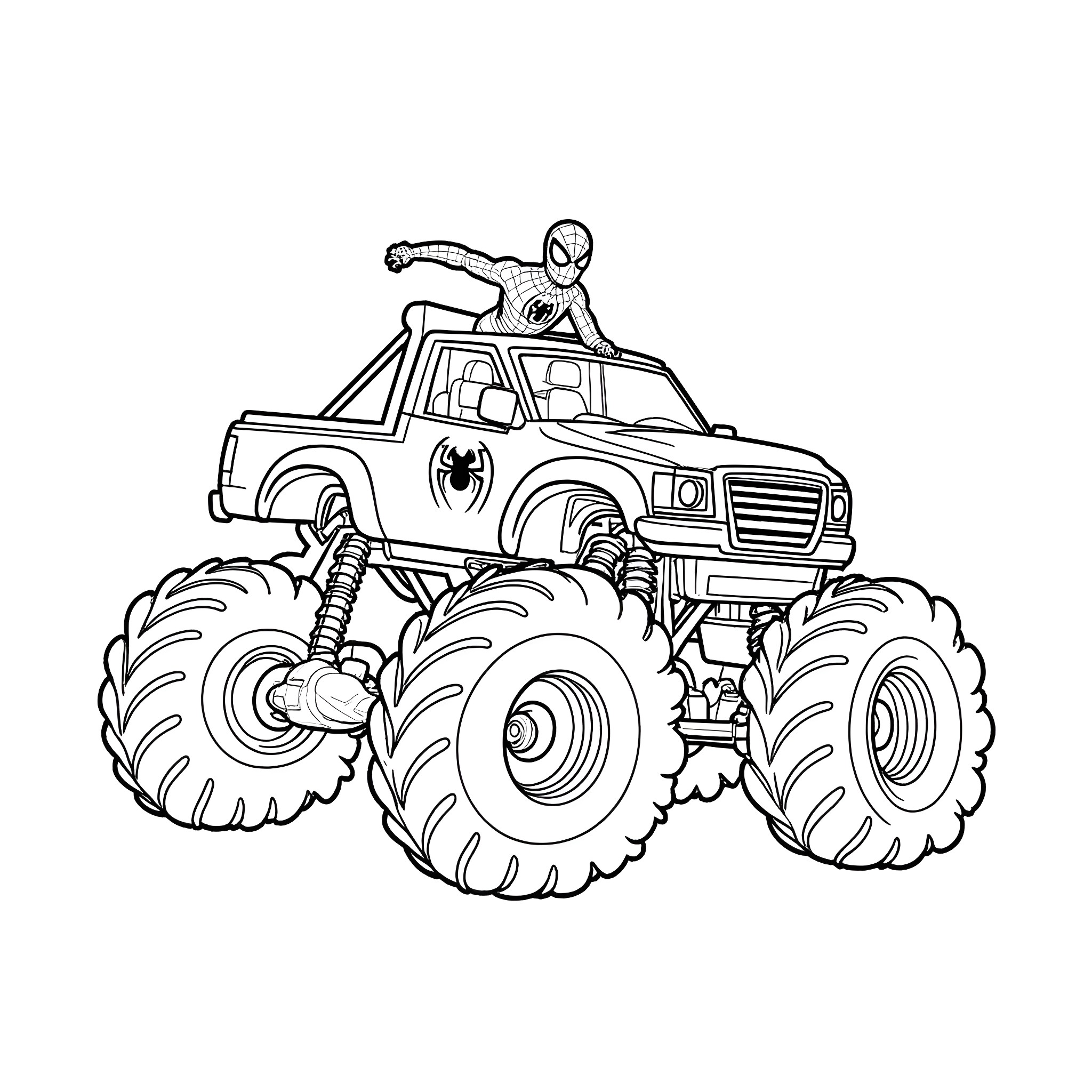 Spider-Man rides a monster truck in action Coloring Page (free black-and-white line drawing printable PDF for all, from beginners to advanced learners, including children, teens, adults, and seniors)