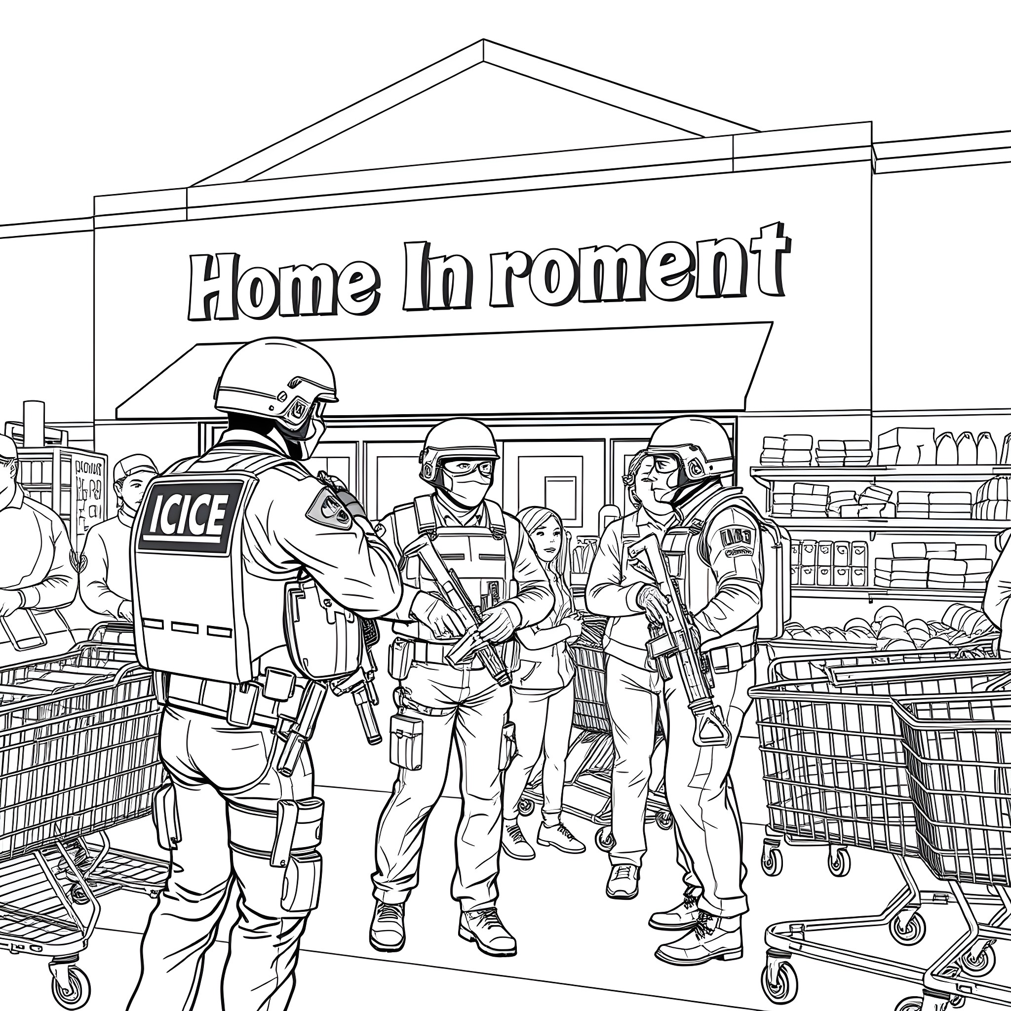 ICE Enforcement at Supermarket Entrance Coloring Page (free black-and-white line drawing printable PDF for all, from beginners to advanced learners, including children, teens, adults, and seniors)