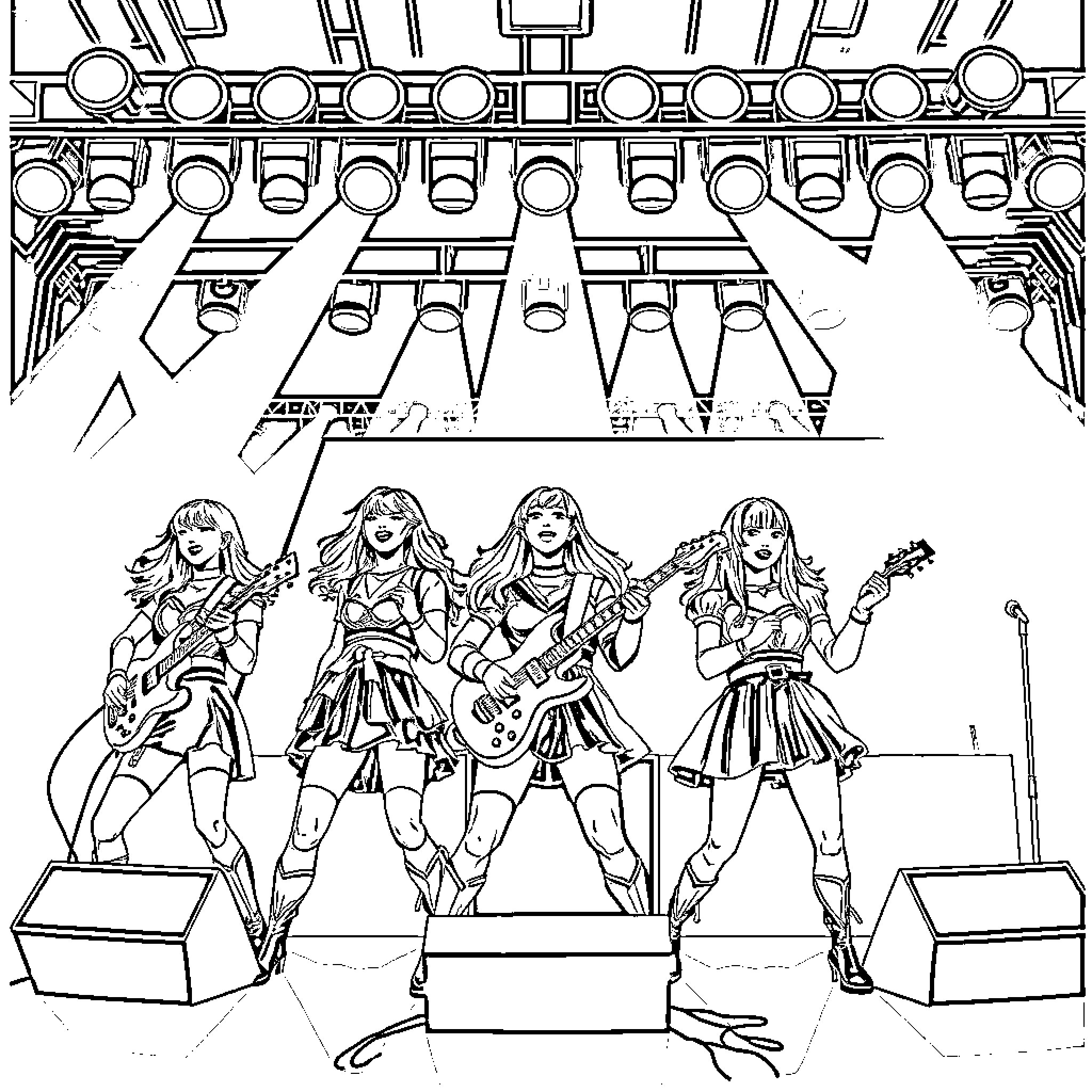 K Pop Warrior Performers Rocking the Stage Coloring Page (free black-and-white line drawing printable PDF for all, from beginners to advanced learners, including children, teens, adults, and seniors)