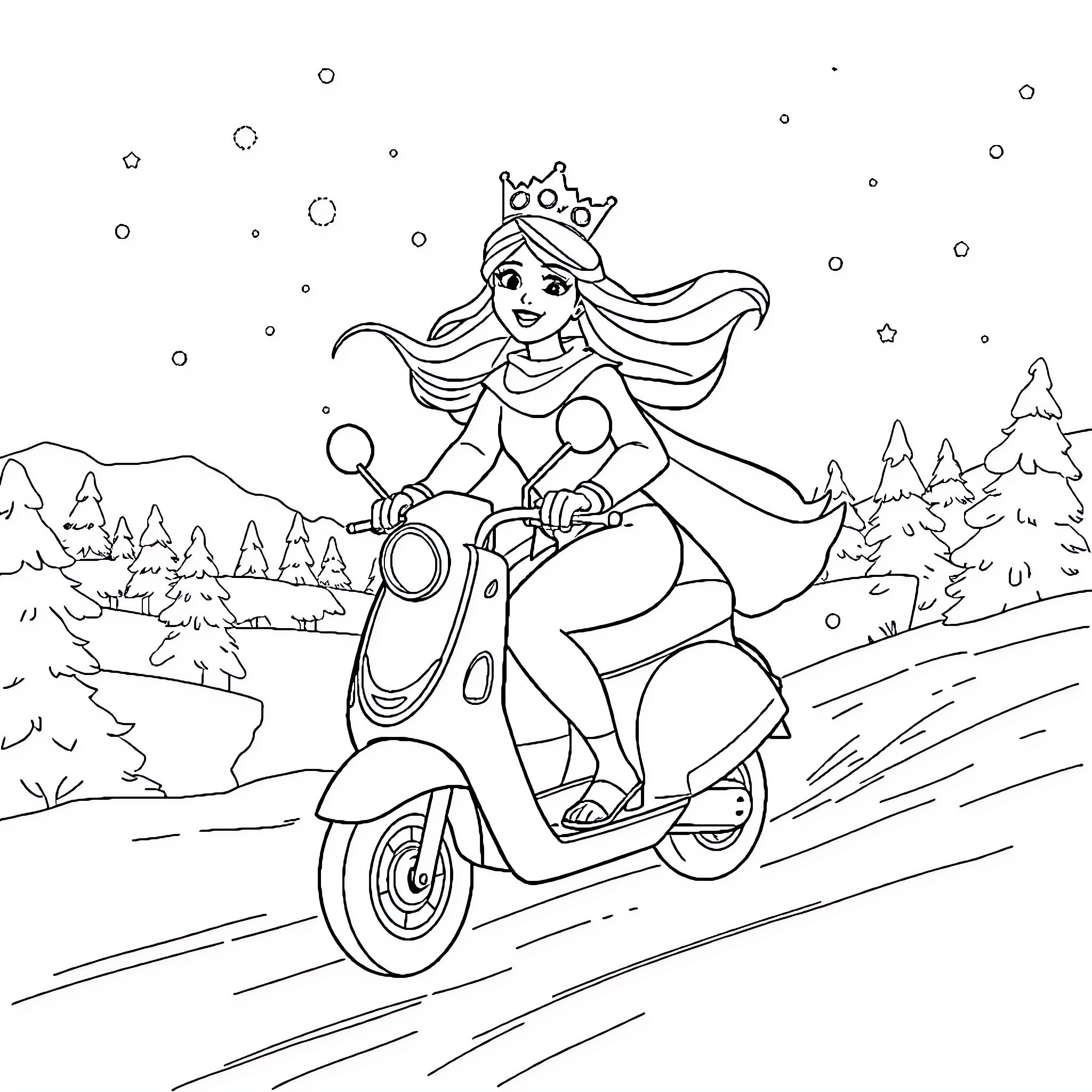 Snow Queen riding a scooter through a winter wonderland Coloring Page (free black-and-white line drawing printable PDF for all, from beginners to advanced learners, including children, teens, adults, and seniors)