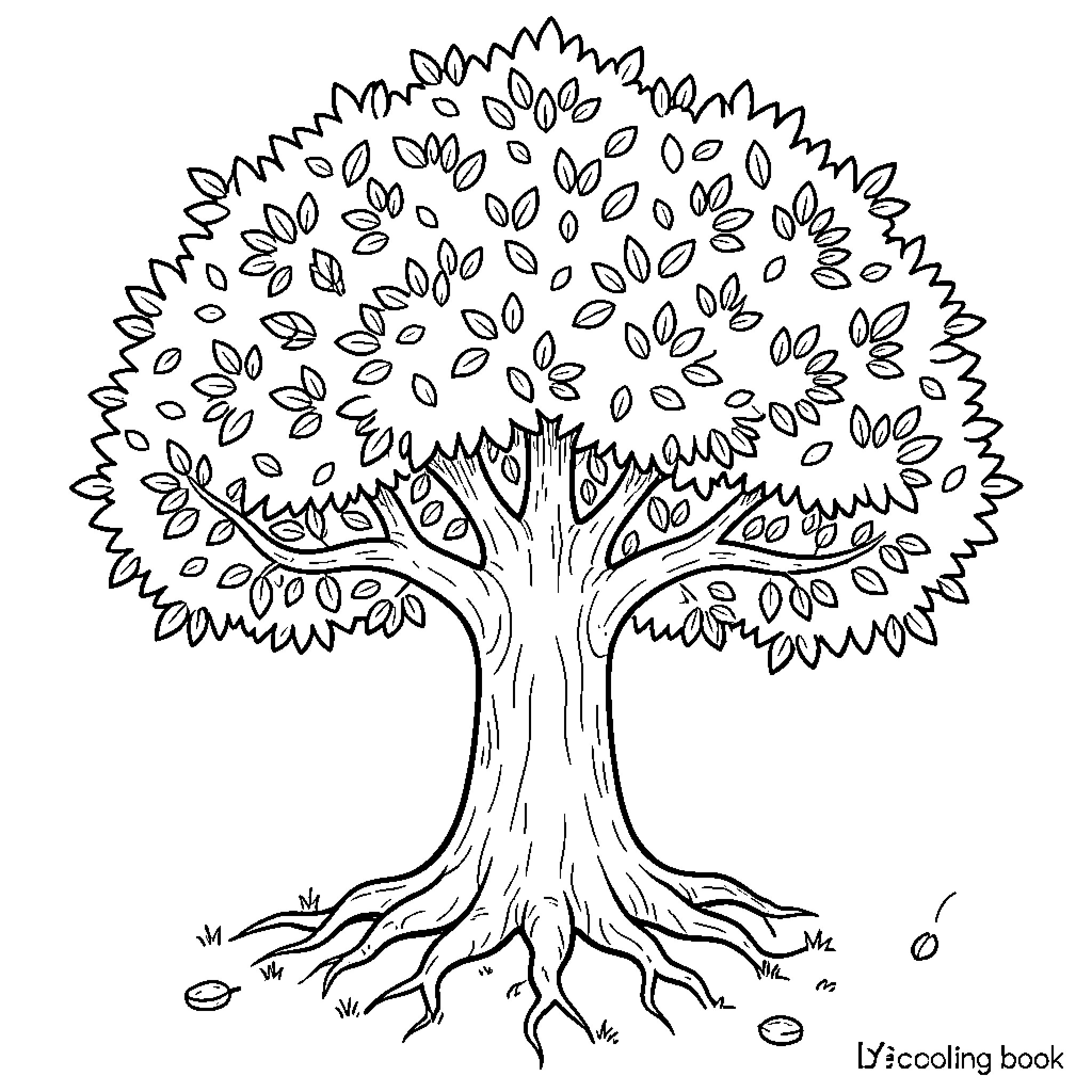 Tree with detailed leaves and roots Coloring Page (free black-and-white line drawing printable PDF for all, from beginners to advanced learners, including children, teens, adults, and seniors)