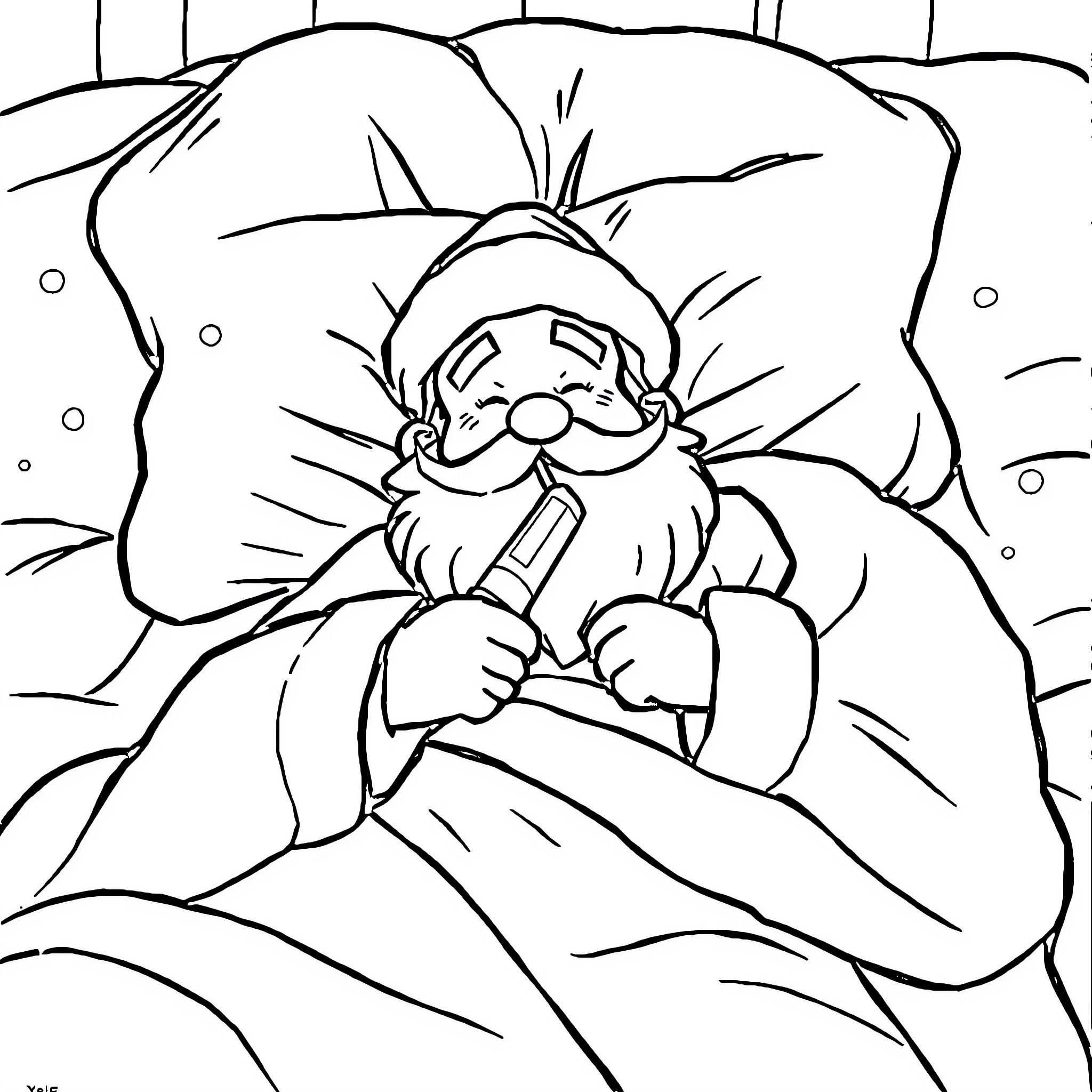 Père Noël resting comfortably in the snow Coloring Page (free black-and-white line drawing printable PDF for all, from beginners to advanced learners, including children, teens, adults, and seniors)