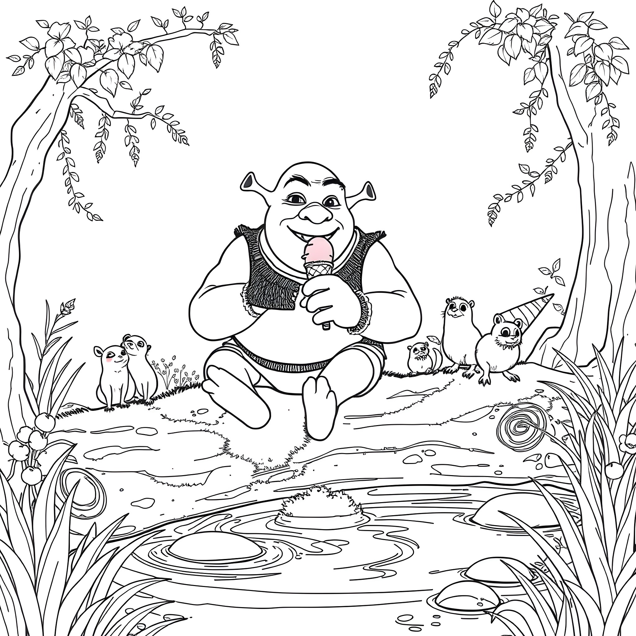 Shrek enjoying nature with animal friends Coloring Page (free black-and-white line drawing printable PDF for all, from beginners to advanced learners, including children, teens, adults, and seniors)