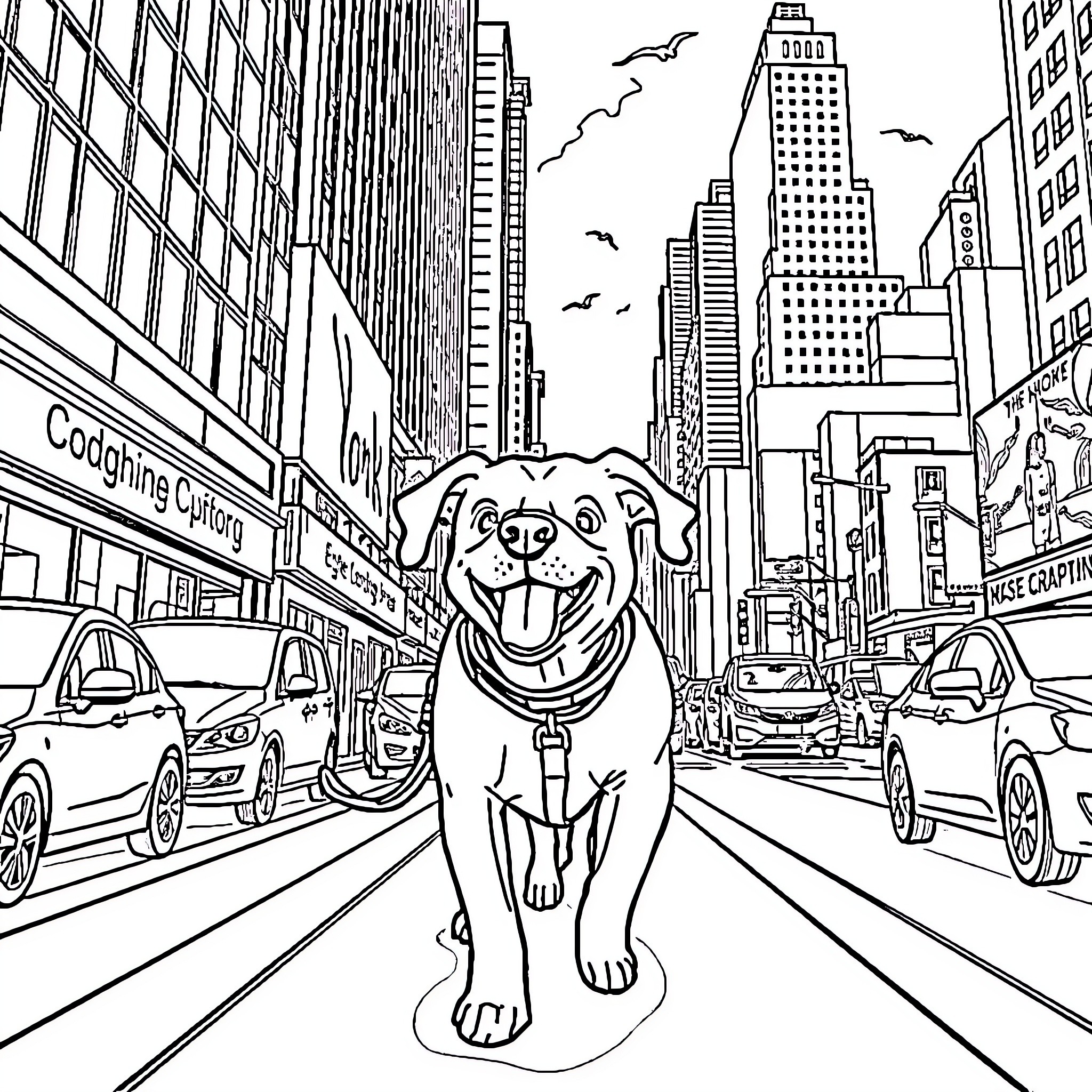 Dog exploring the busy city streets Coloring Page (free black-and-white line drawing printable PDF for all, from beginners to advanced learners, including children, teens, adults, and seniors)