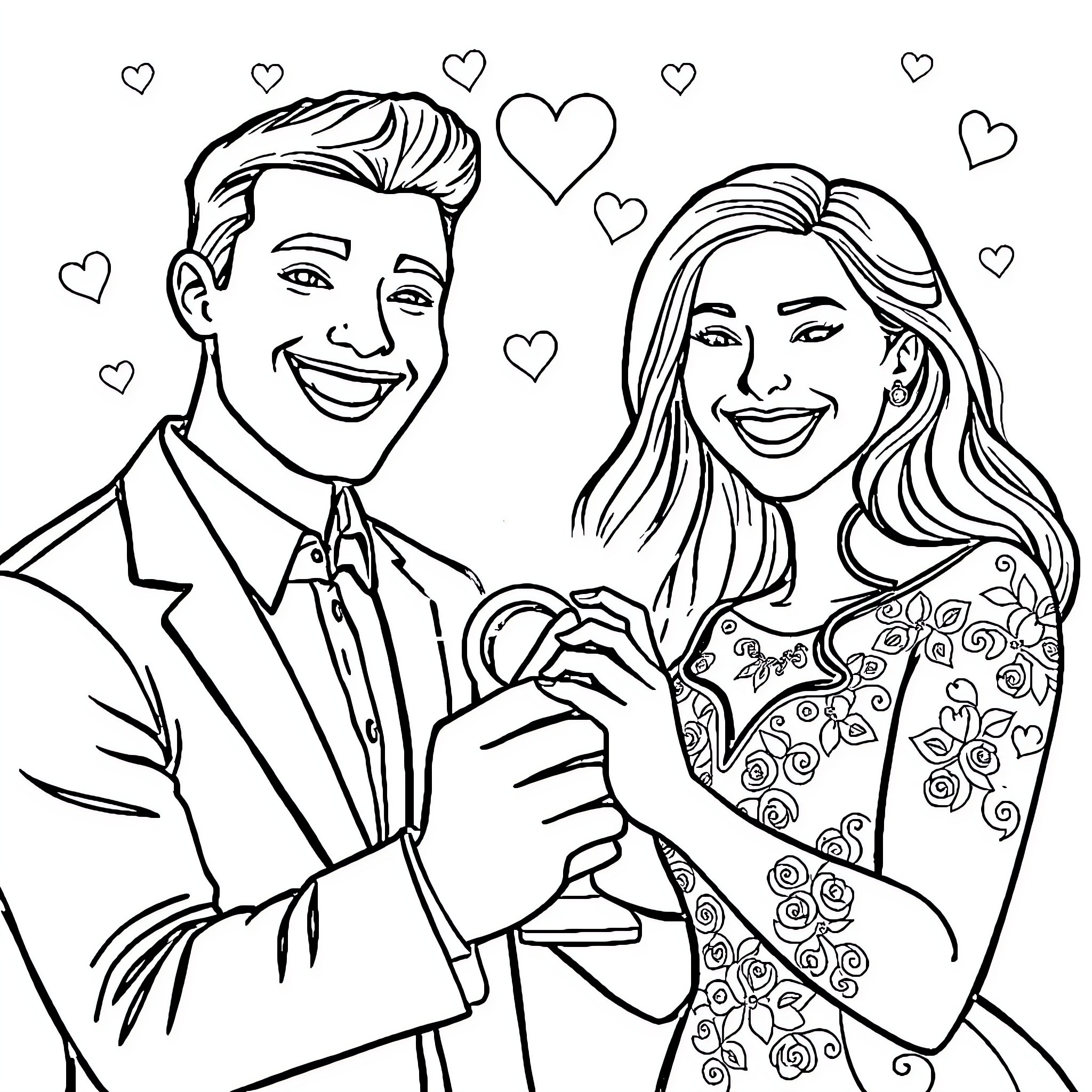 Engagement of a happy couple in love Coloring Page (free black-and-white line drawing printable PDF for all, from beginners to advanced learners, including children, teens, adults, and seniors)