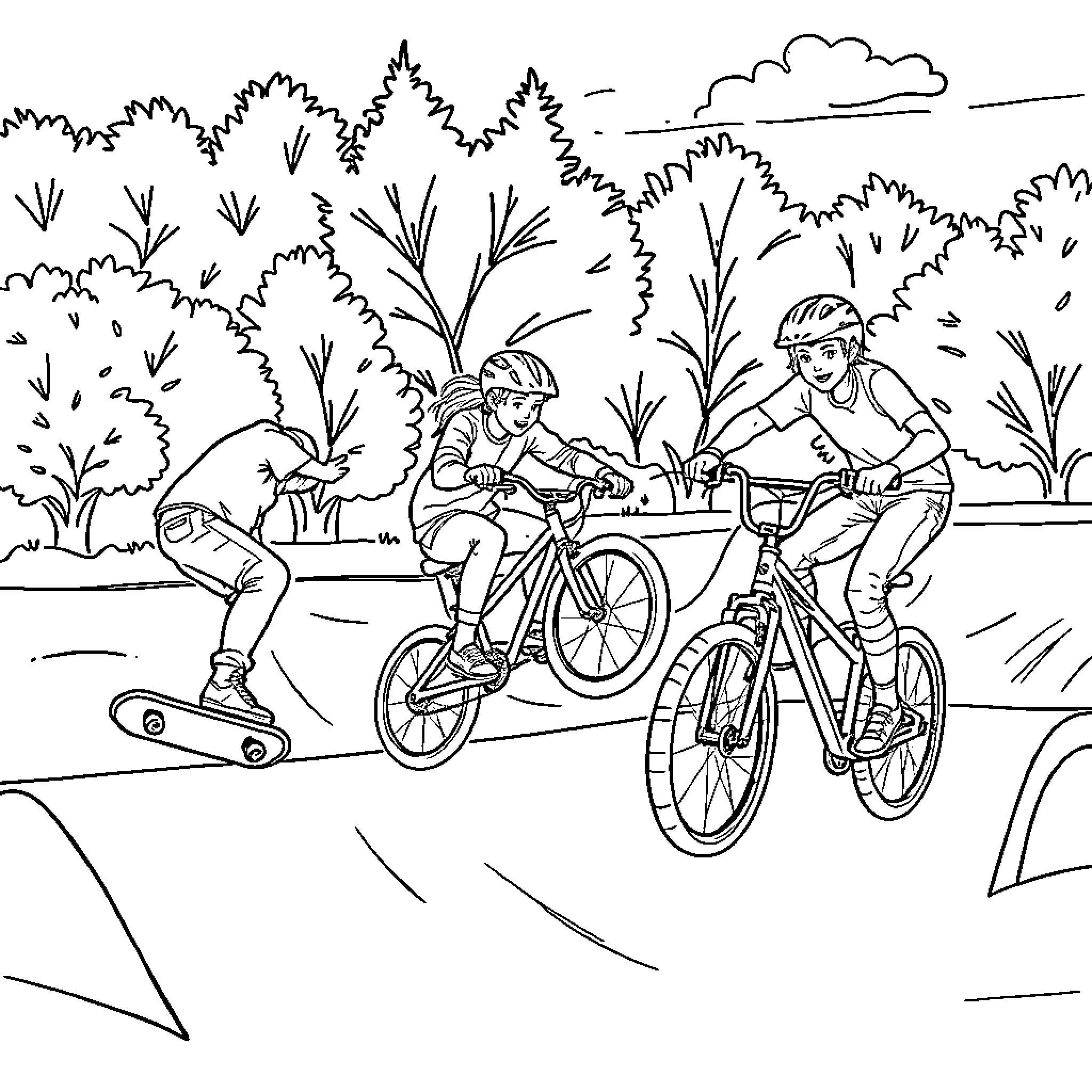 Adolescent Cyclists Enjoying Outdoor Adventure Coloring Page (free black-and-white line drawing printable PDF for all, from beginners to advanced learners, including children, teens, adults, and seniors)