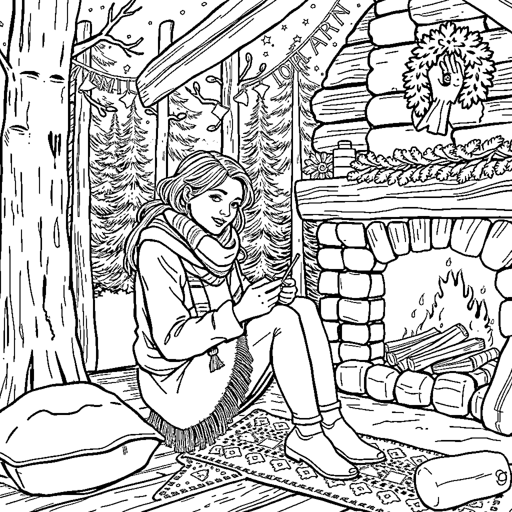 Woman relaxing by the fireplace in a cozy cabin Coloring Page (free black-and-white line drawing printable PDF for all, from beginners to advanced learners, including children, teens, adults, and seniors)