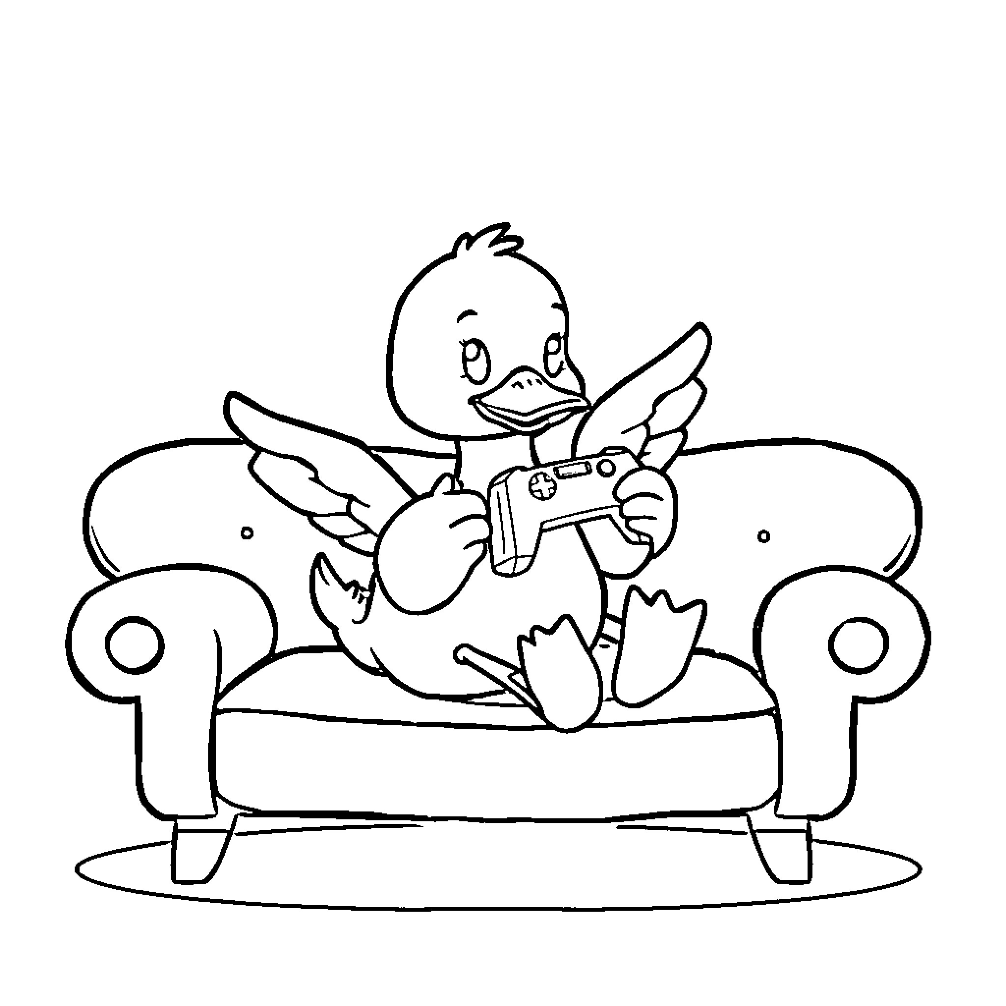 Duck playing video game on couch Coloring Page (free black-and-white line drawing printable PDF for all, from beginners to advanced learners, including children, teens, adults, and seniors)