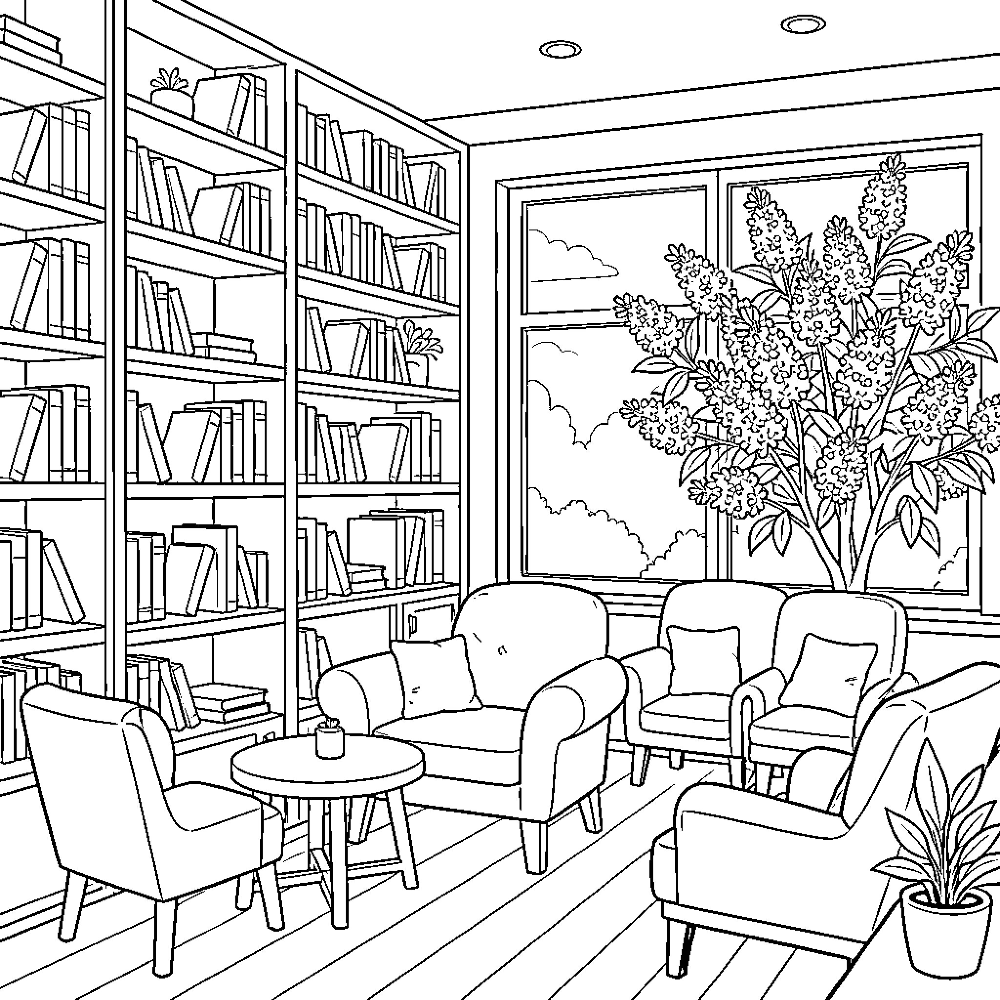 Cafe with cozy reading nook and garden view Coloring Page (free black-and-white line drawing printable PDF for all, from beginners to advanced learners, including children, teens, adults, and seniors)