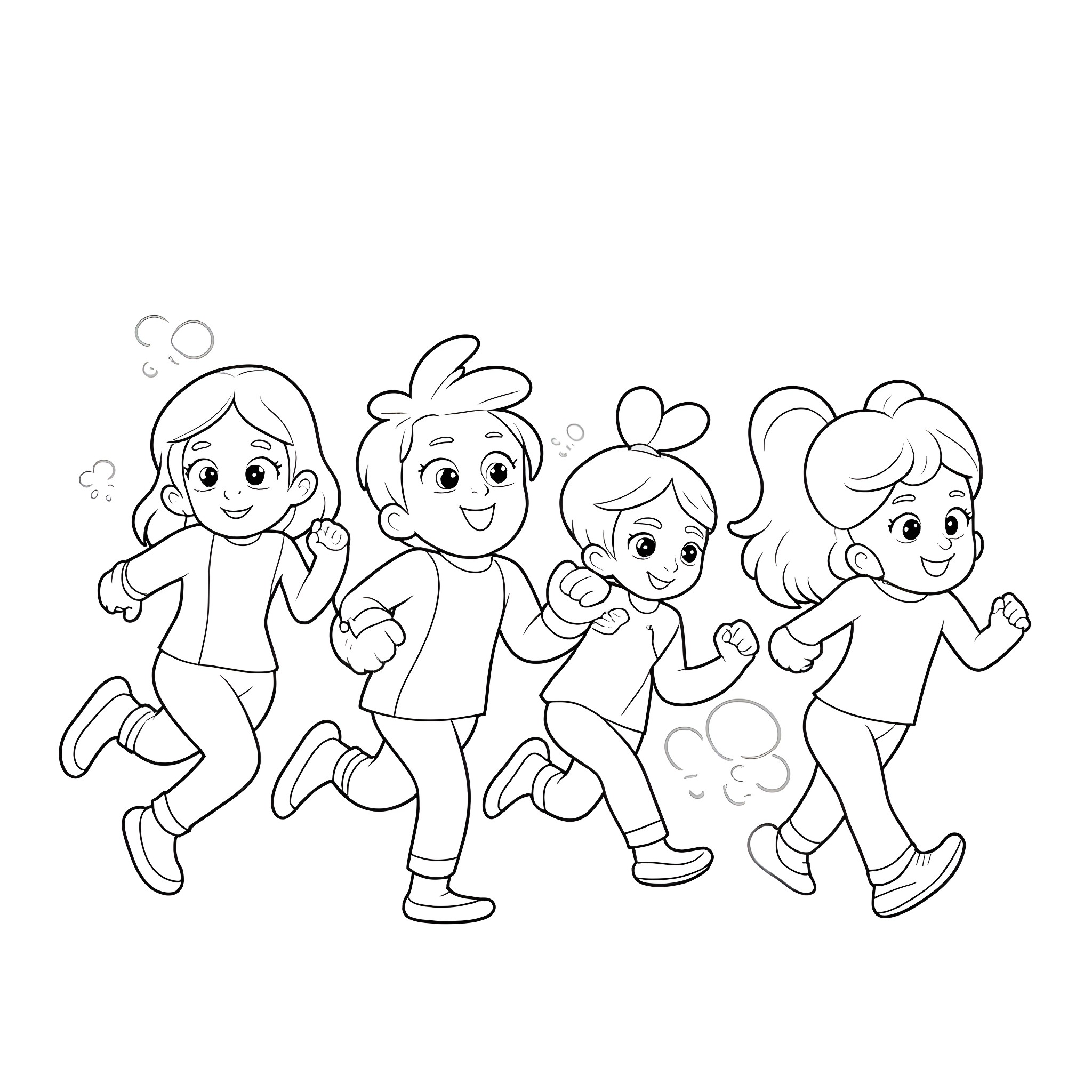 Dandy friends enjoying a playful day together Coloring Page (free black-and-white line drawing printable PDF for all, from beginners to advanced learners, including children, teens, adults, and seniors)