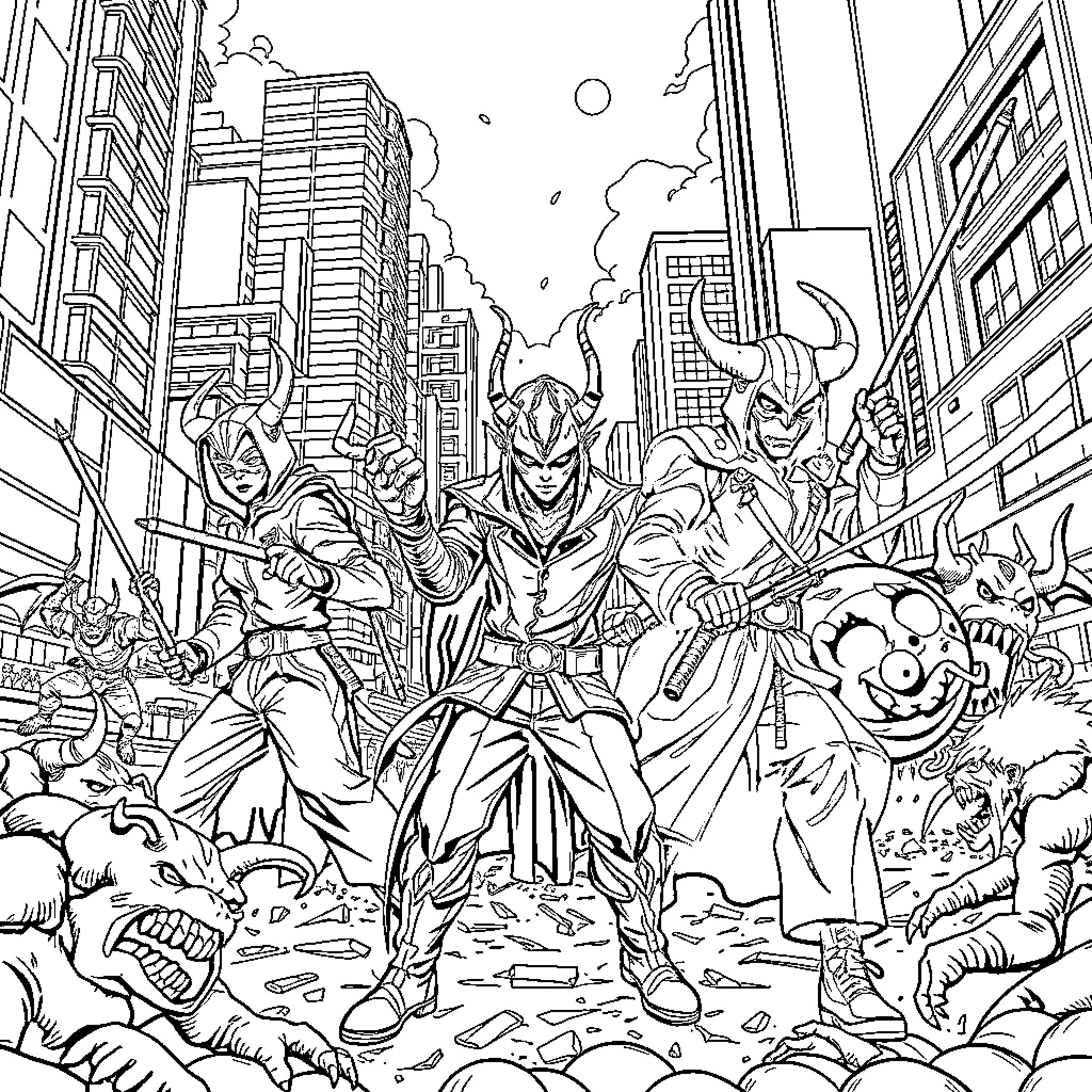 Demon Hunter Battles Fearsome Creatures in Ravaged City Coloring Page (free black-and-white line drawing printable PDF for all, from beginners to advanced learners, including children, teens, adults, and seniors)