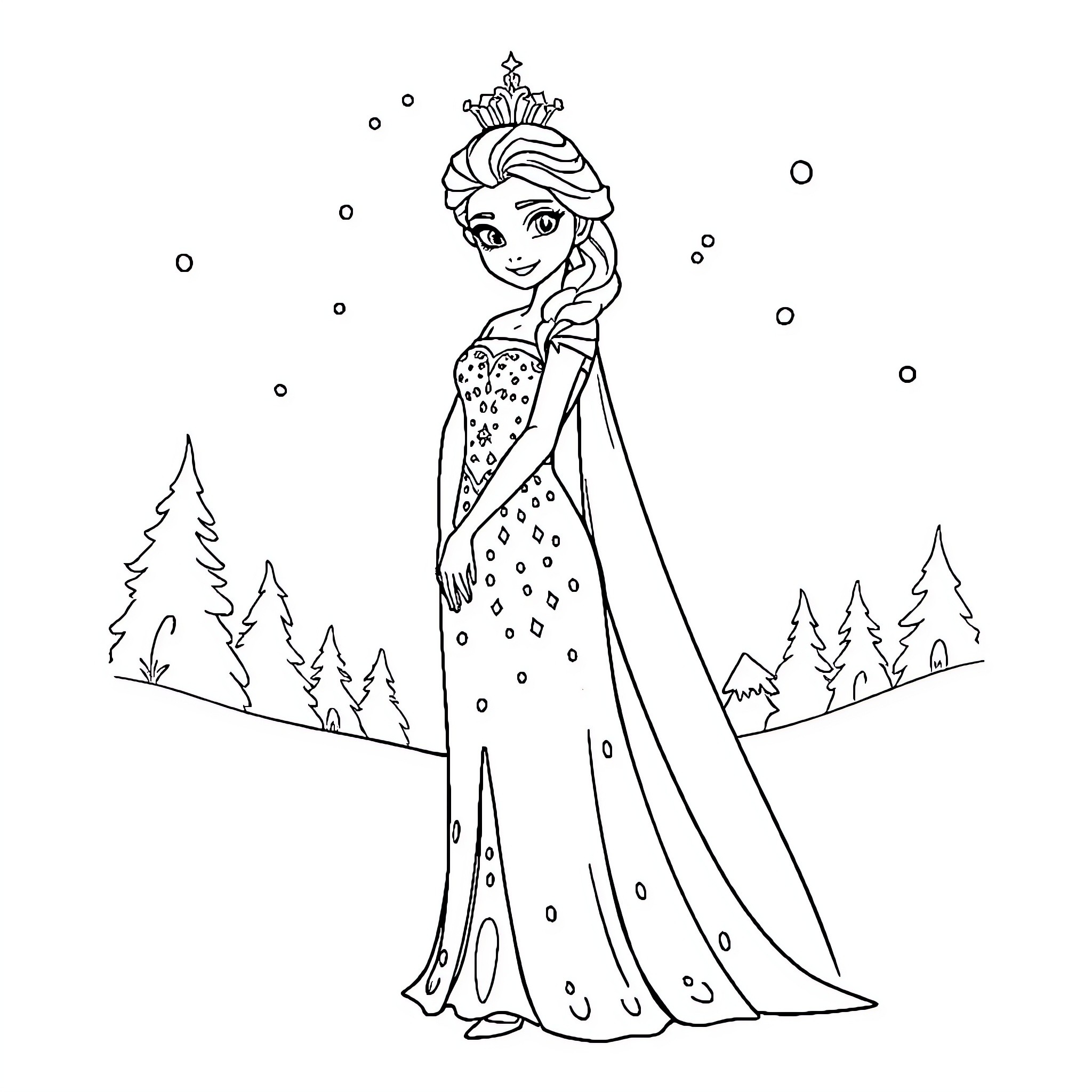 Elsa, the Radiant Queen in Winter Wonderland Coloring Page (free black-and-white line drawing printable PDF for all, from beginners to advanced learners, including children, teens, adults, and seniors)