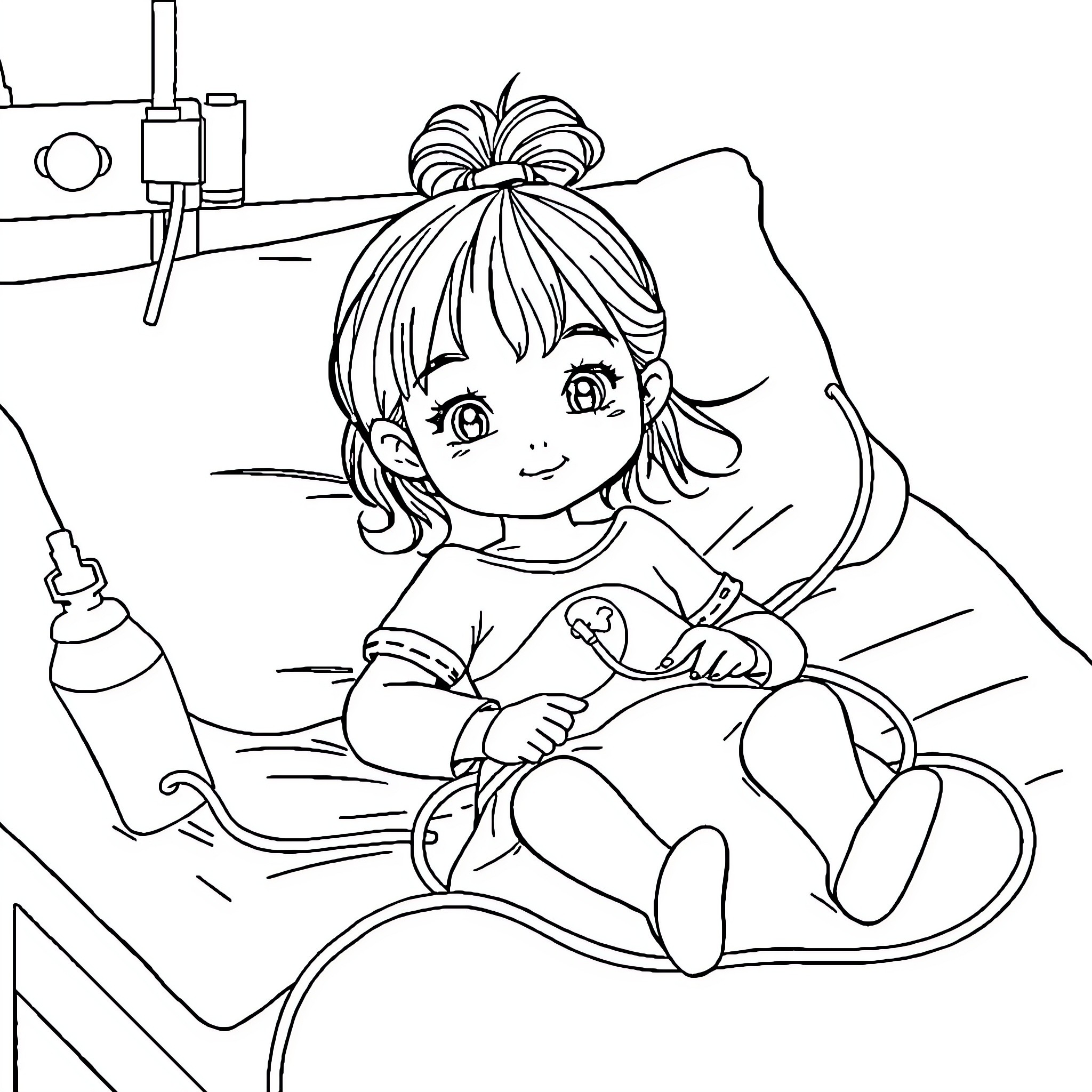 Girl in Playful Art Craft Session Coloring Page (free black-and-white line drawing printable PDF for all, from beginners to advanced learners, including children, teens, adults, and seniors)