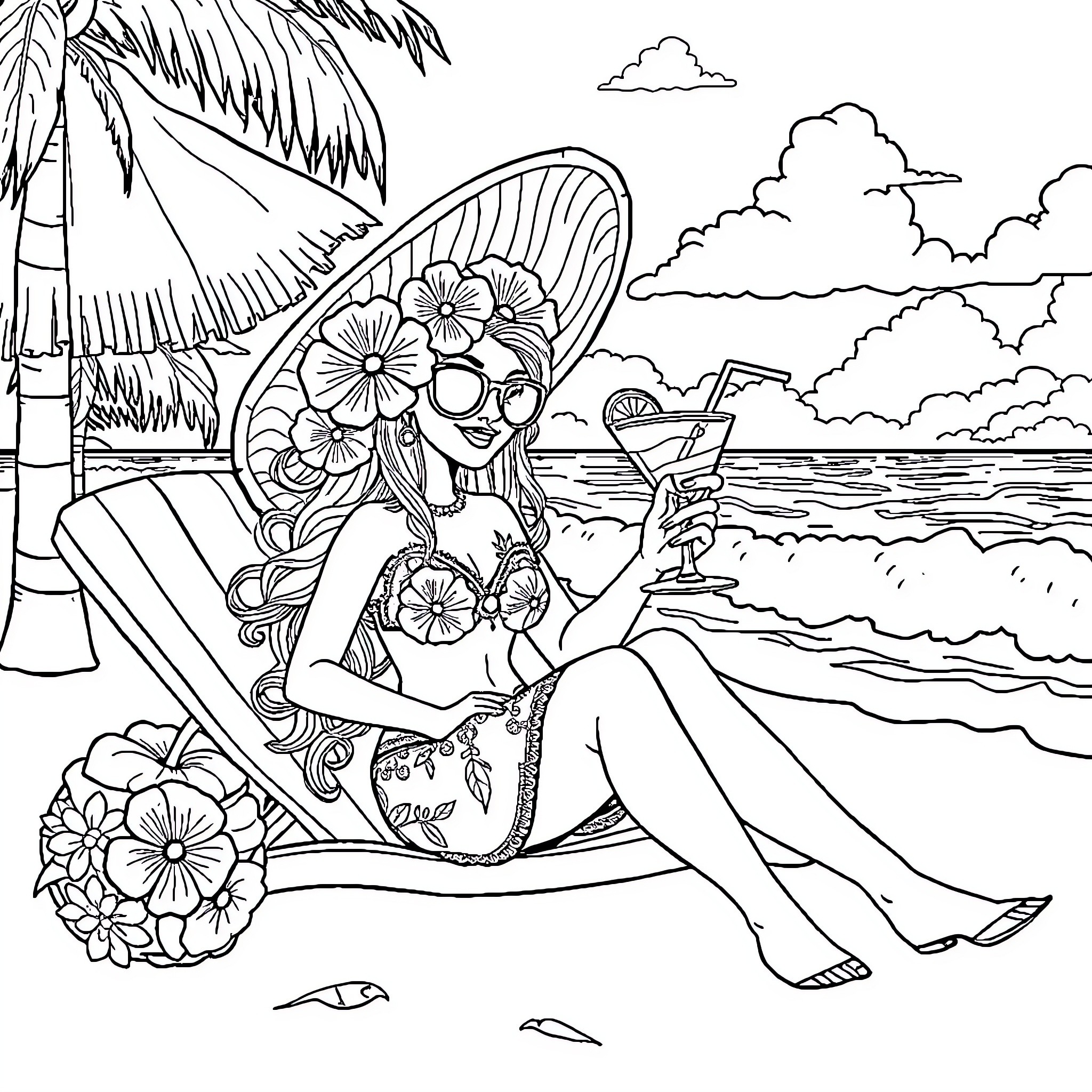 Flora relaxing at the tropical beach Coloring Page (free black-and-white line drawing printable PDF for all, from beginners to advanced learners, including children, teens, adults, and seniors)