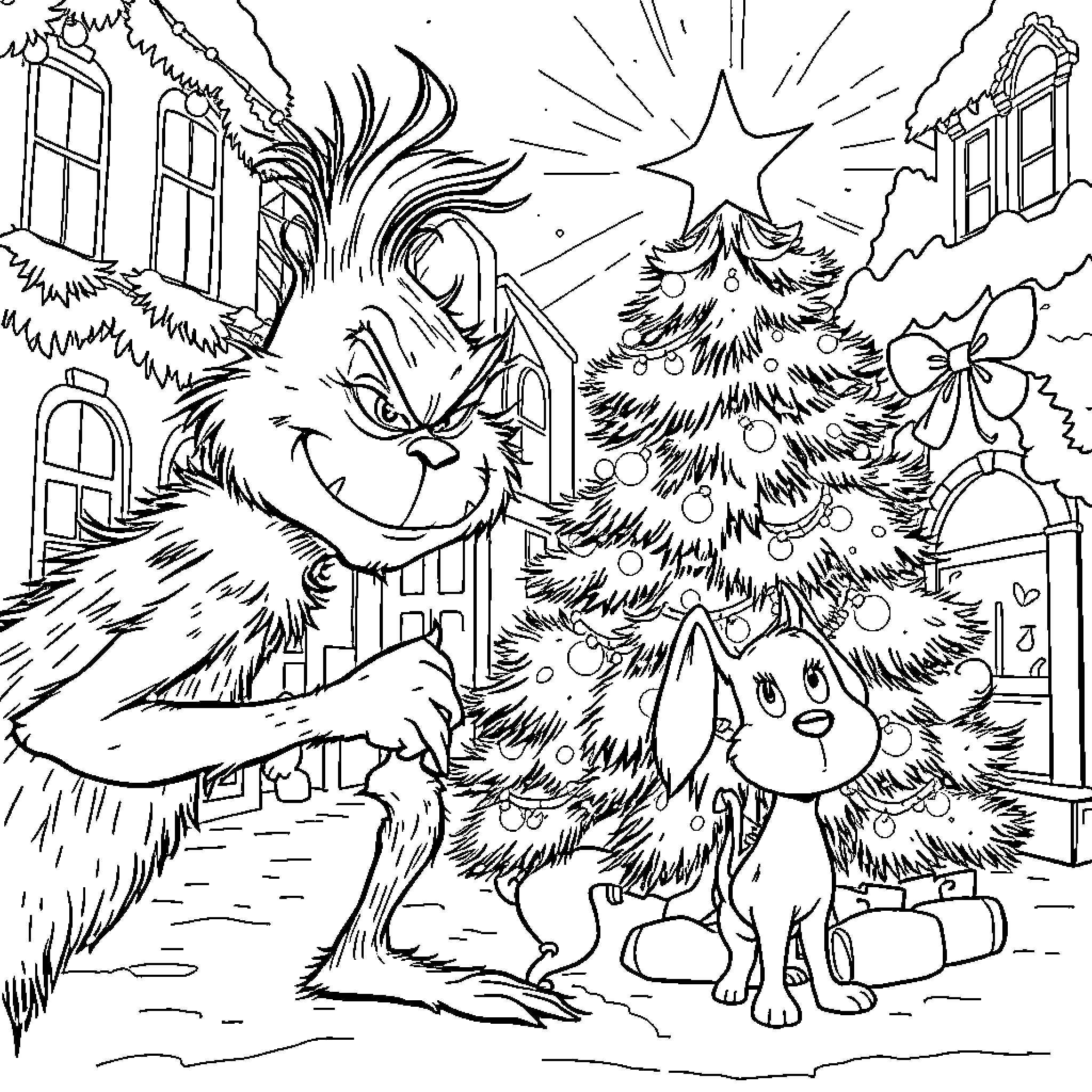 Grinch and his dog enjoying the festive season Coloring Page (free black-and-white line drawing printable PDF for all, from beginners to advanced learners, including children, teens, adults, and seniors)