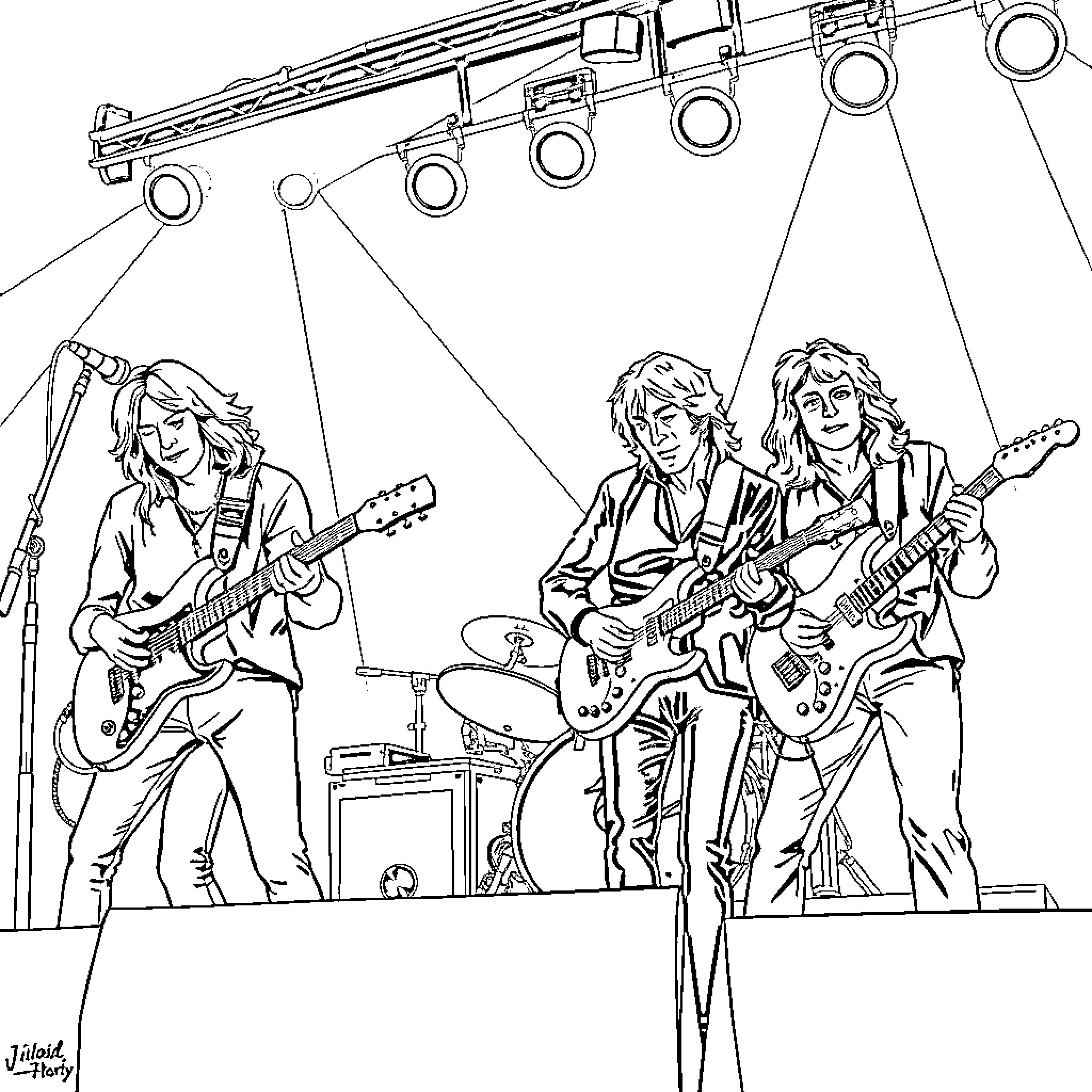 Fleetwood Mac performing energetically on stage Coloring Page (free black-and-white line drawing printable PDF for all, from beginners to advanced learners, including children, teens, adults, and seniors)