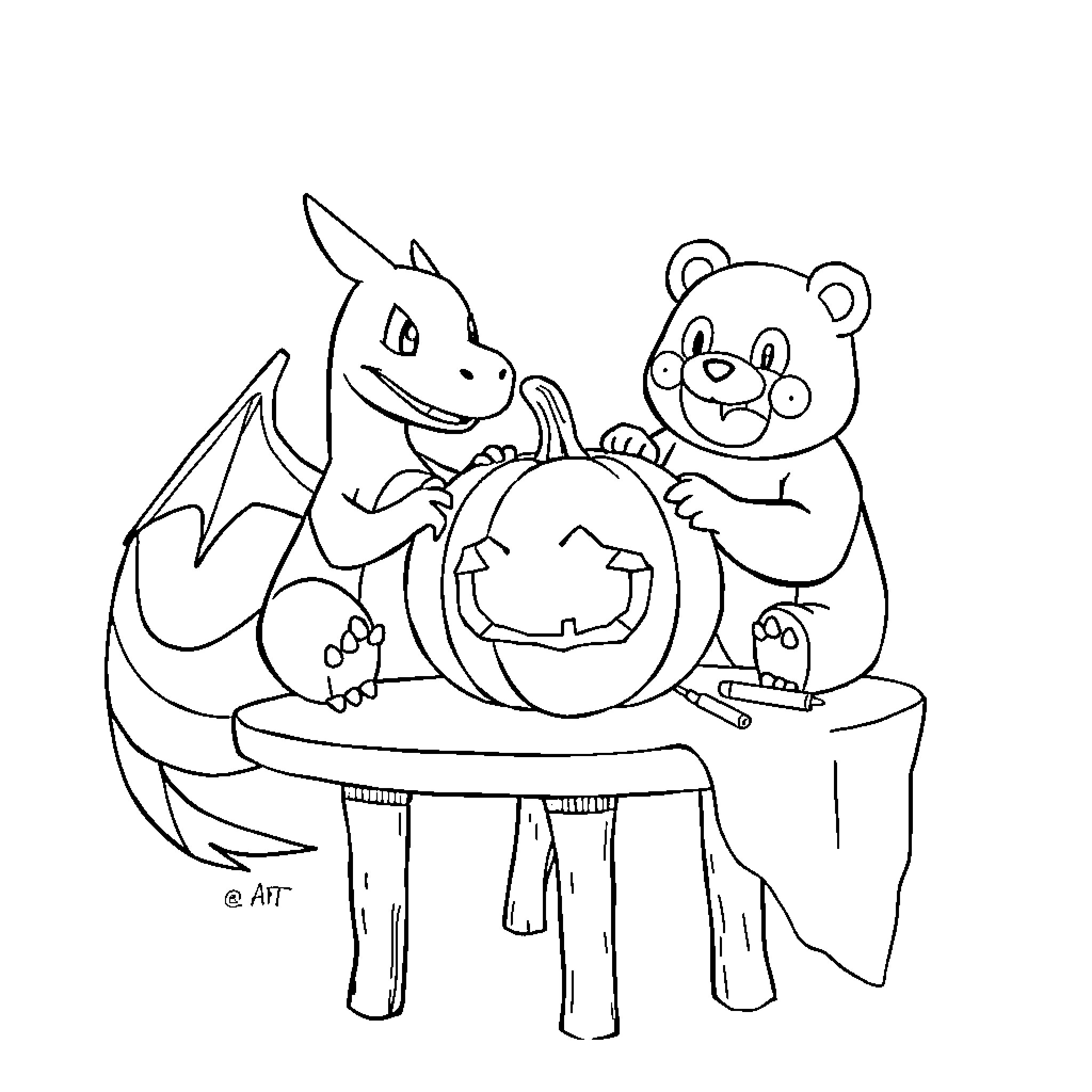 Charizard and teddy bear carving pumpkin Coloring Page (free black-and-white line drawing printable PDF for all, from beginners to advanced learners, including children, teens, adults, and seniors)