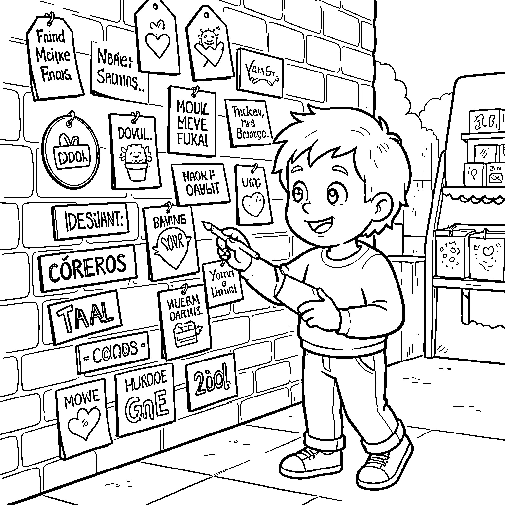 Diddl character writing messages on a brick wall Coloring Page (free black-and-white line drawing printable PDF for all, from beginners to advanced learners, including children, teens, adults, and seniors)