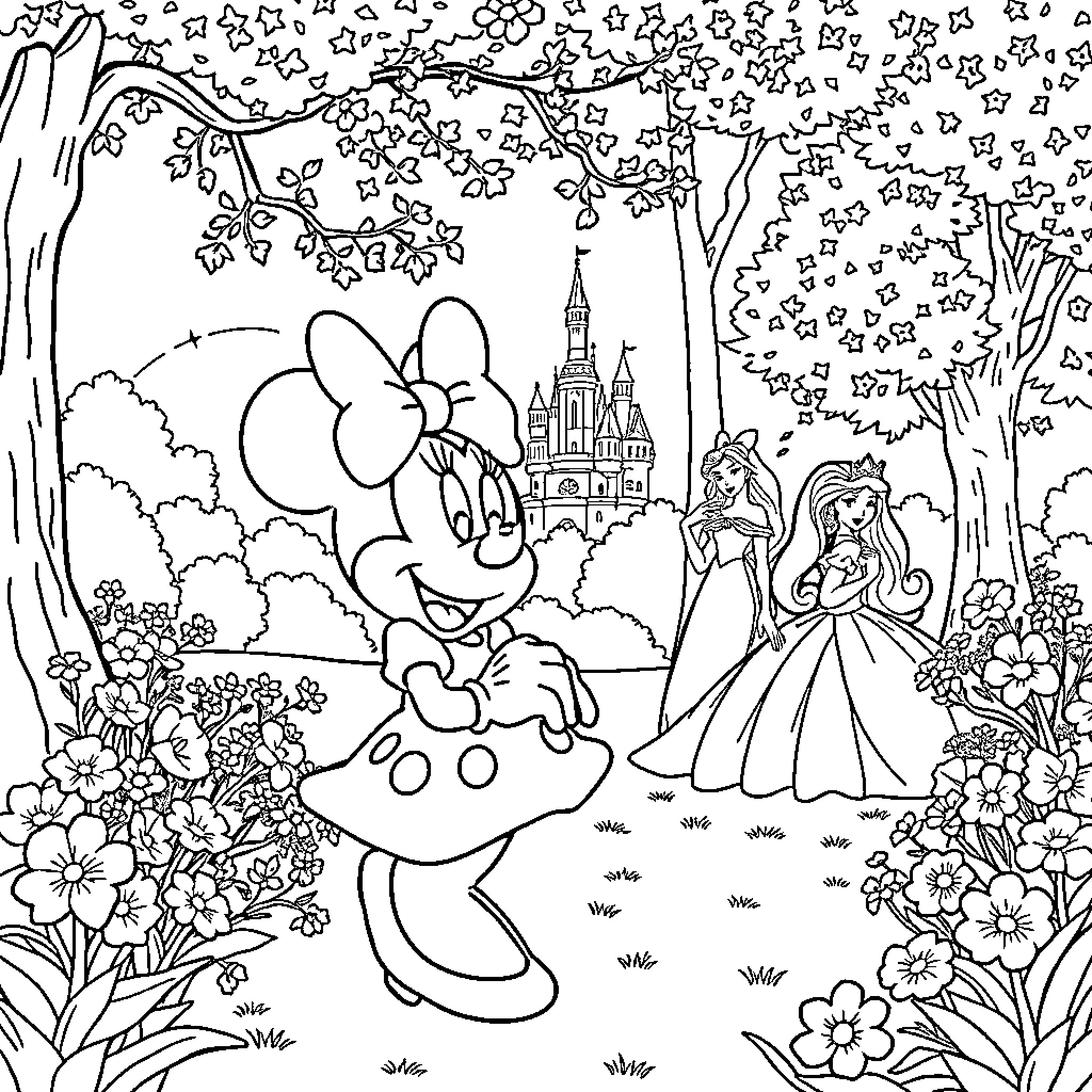 Minnie Mouse exploring a magical garden with a princess Coloring Page (free black-and-white line drawing printable PDF for all, from beginners to advanced learners, including children, teens, adults, and seniors)