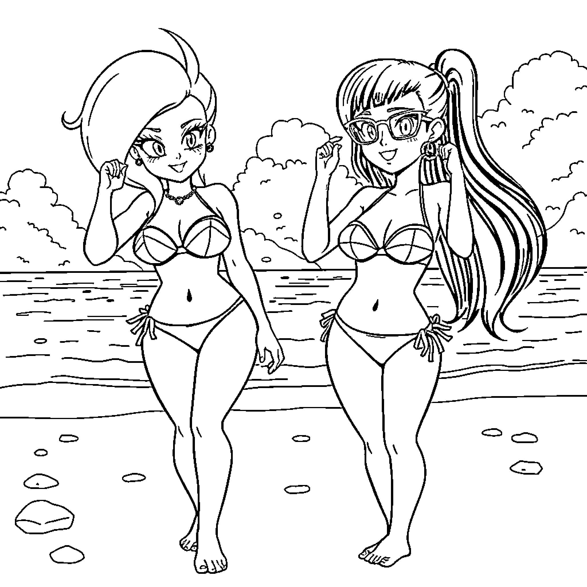 Bulma and friends enjoying a beach day Coloring Page (free black-and-white line drawing printable PDF for all, from beginners to advanced learners, including children, teens, adults, and seniors)