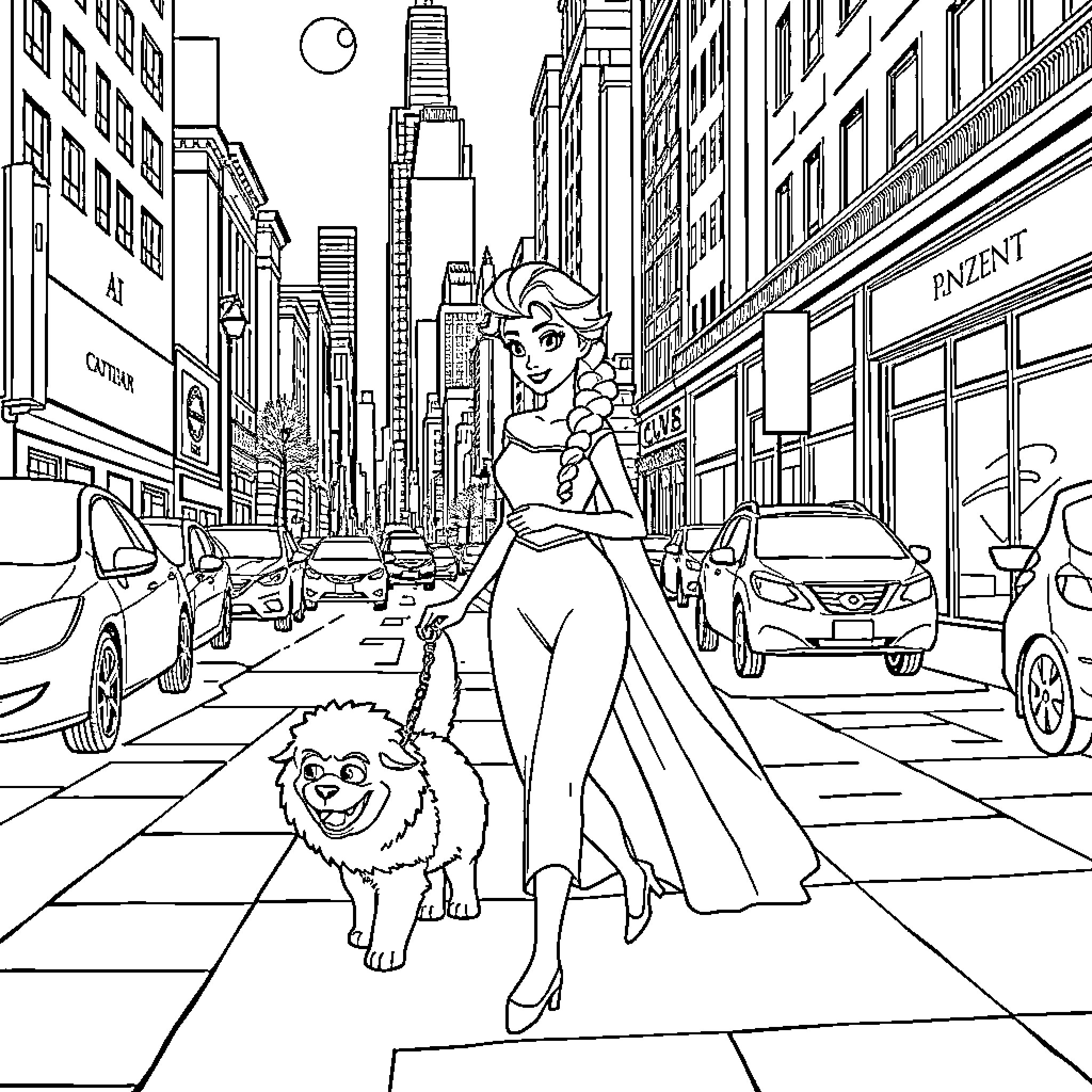 Elsa's Enchanting Adventure in the City Coloring Page (free black-and-white line drawing printable PDF for all, from beginners to advanced learners, including children, teens, adults, and seniors)